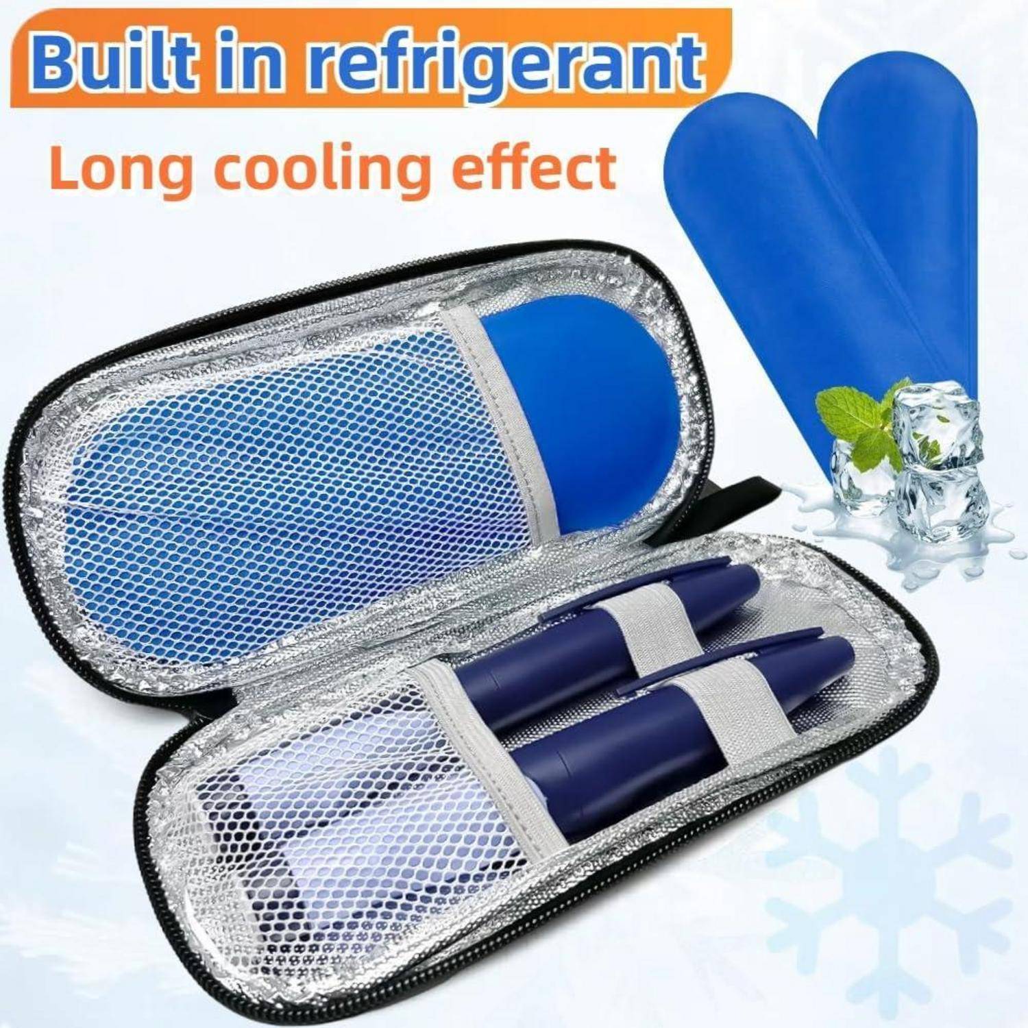 Isolierter blauer Kühlakku-Set in einer Reißverschlusstasche, beschriftet mit „Integriertes Kühlmittel" und „Langanhaltende Kühlwirkung"", abgebildet mit zwei Gel-Packs und Eis zur Kältetherapie.