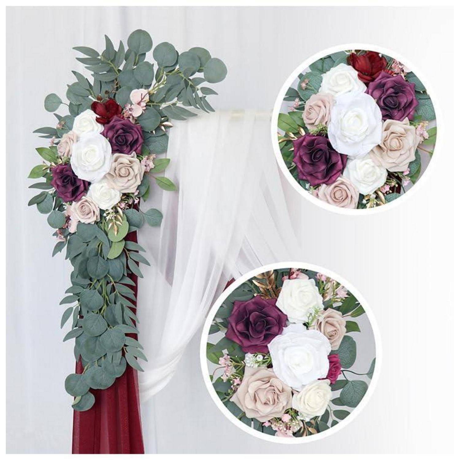 Blumiger Traubogen mit kaskadierendem Eukalyptus und burgunderfarbenen, violetten, weißen und beigen Rosen; eingefügte Nahaufnahmen zeigen Strauß-Details.
