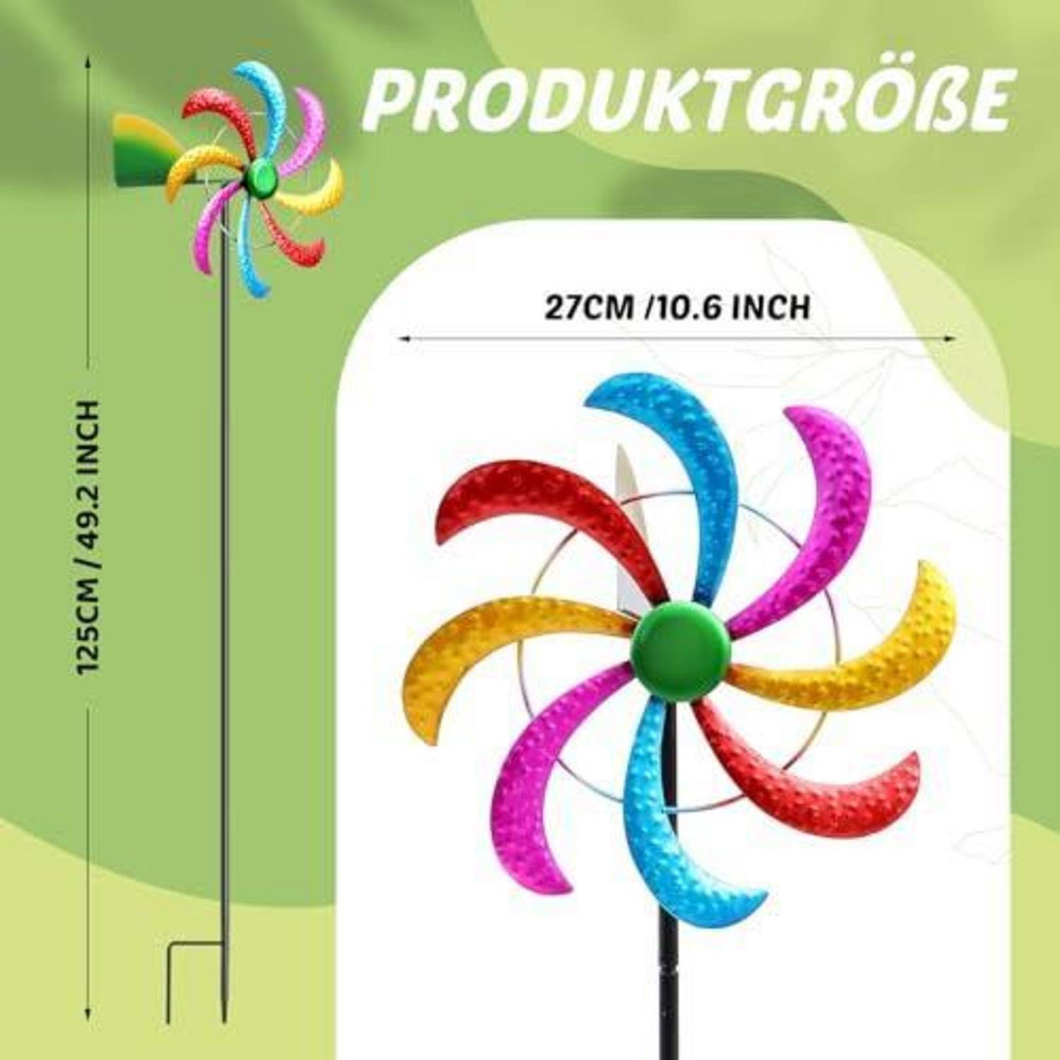 Illustration zeigt ein farbenfrohe Gartenwindrad auf einem Stab, gekennzeichnet mit „27CM/10,6 ZOLL" breit und „125CM/49,2 ZOLL"" hoch, mit dem Titel „PRODUKTGRÖßE"".