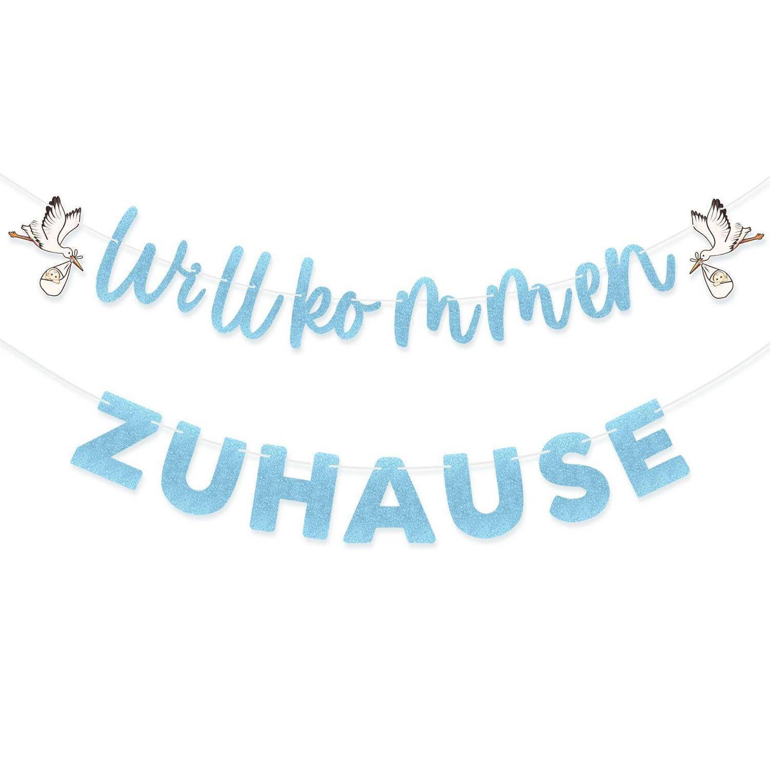 Blaues Babyparty-Banner mit deutschem Text „Willkommen