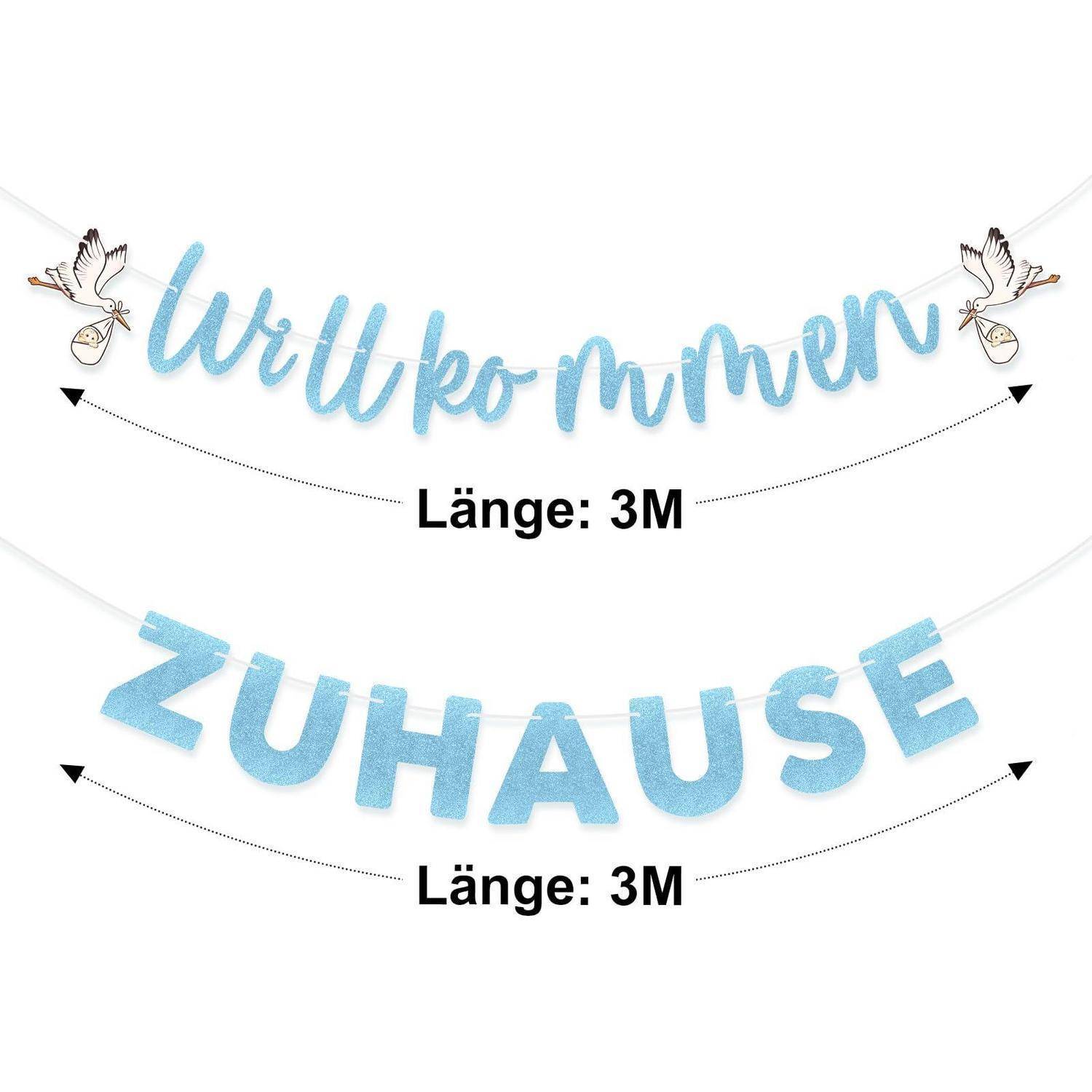 Illustration von zwei blauen dekorativen Girlanden mit Wäscheklammern: "Willkommen"" und ""ZUHAUSE"", jeweils mit der Bezeichnung ""Länge: 3M"".