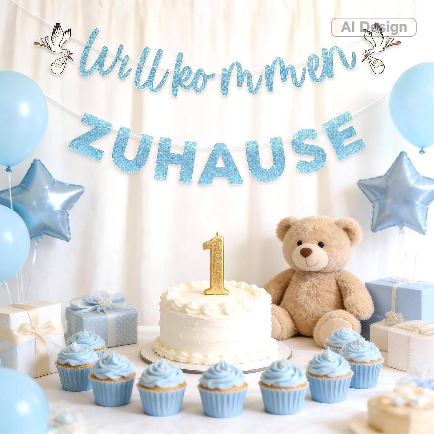 Ein Babyparty-Willkommens-Setup mit einem „Willkommen ZUHAUSE"-Banner, einem Teddybär, Luftballons, Geschenken und einem Kuchen, der mit der Nummer 1 gekrönt ist und von blauen Cupcakes umgeben ist.