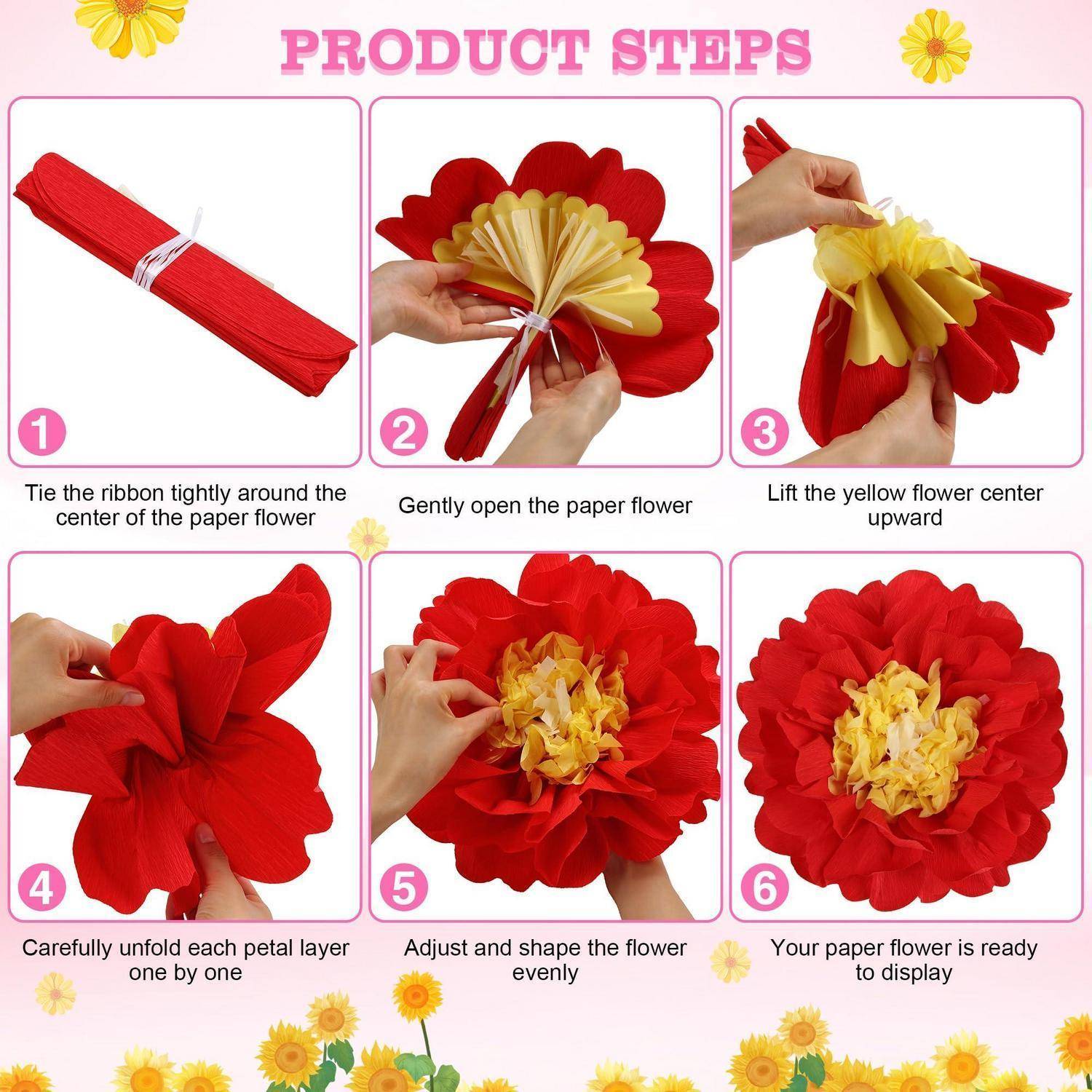 Instructionsgrafik mit dem Titel „PRODUKTSCHRITTE" mit sechs Schritten zur Herstellung einer roten Papierblume mit gelbem Mittelpunkt: binden, öffnen, heben, entfalten, formen und fertigstellen.