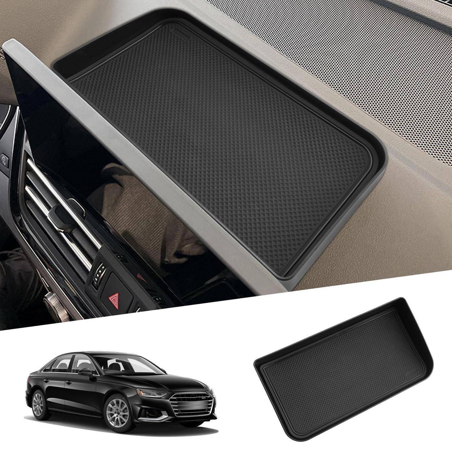 Armaturenbrett-Ablage mit rutschfester Gummieinlage; Einsatzbilder zeigen die Ablage im Auto und die herausnehmbare Ablage-Einlage.