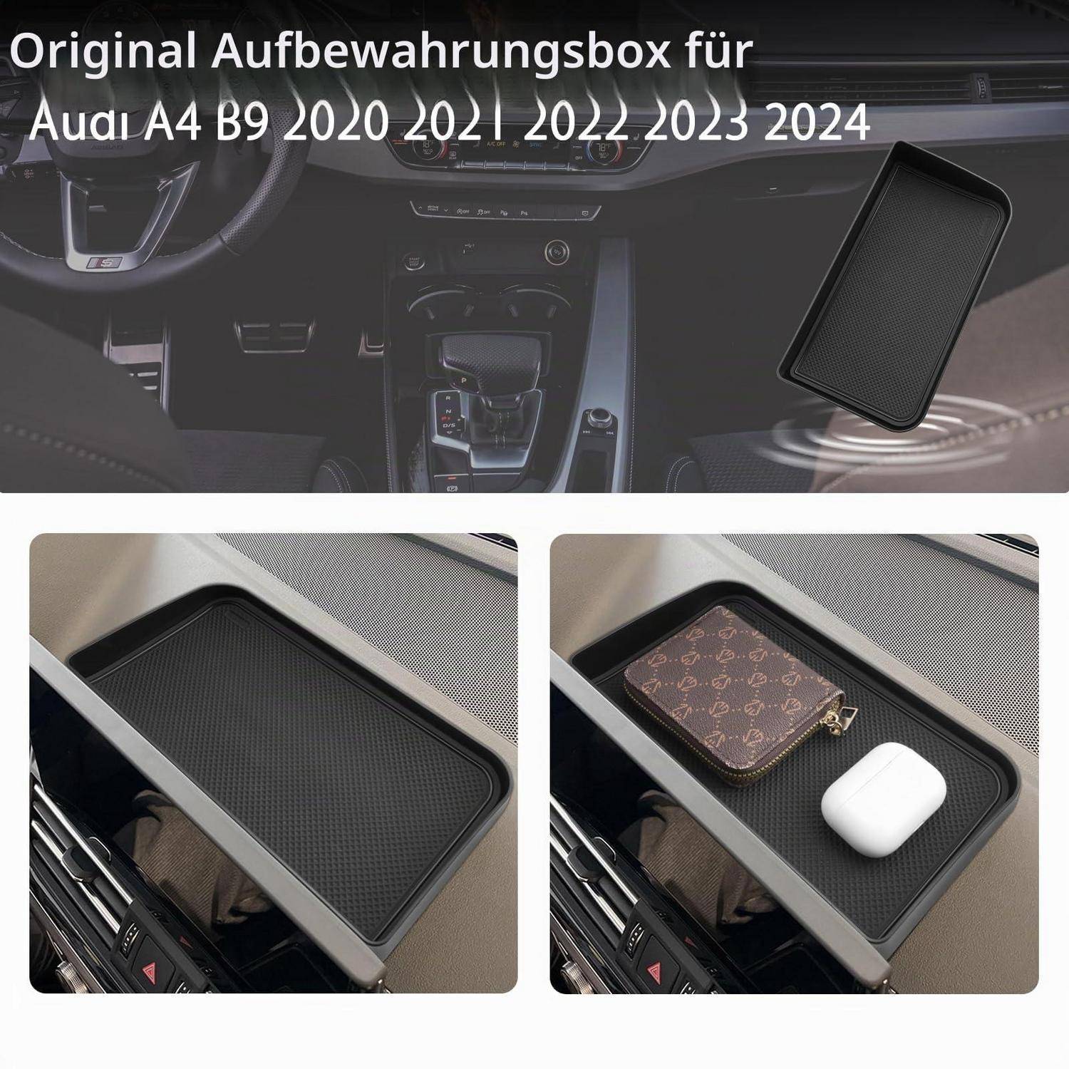 Collage zeigt eine originale Aufbewahrungsbox für Audi A4 B9 2020-2024, eingebaut im Armaturenbrett und verwendet zum Verstauen einer Geldbörse und eines AirPods-Gehäuses.