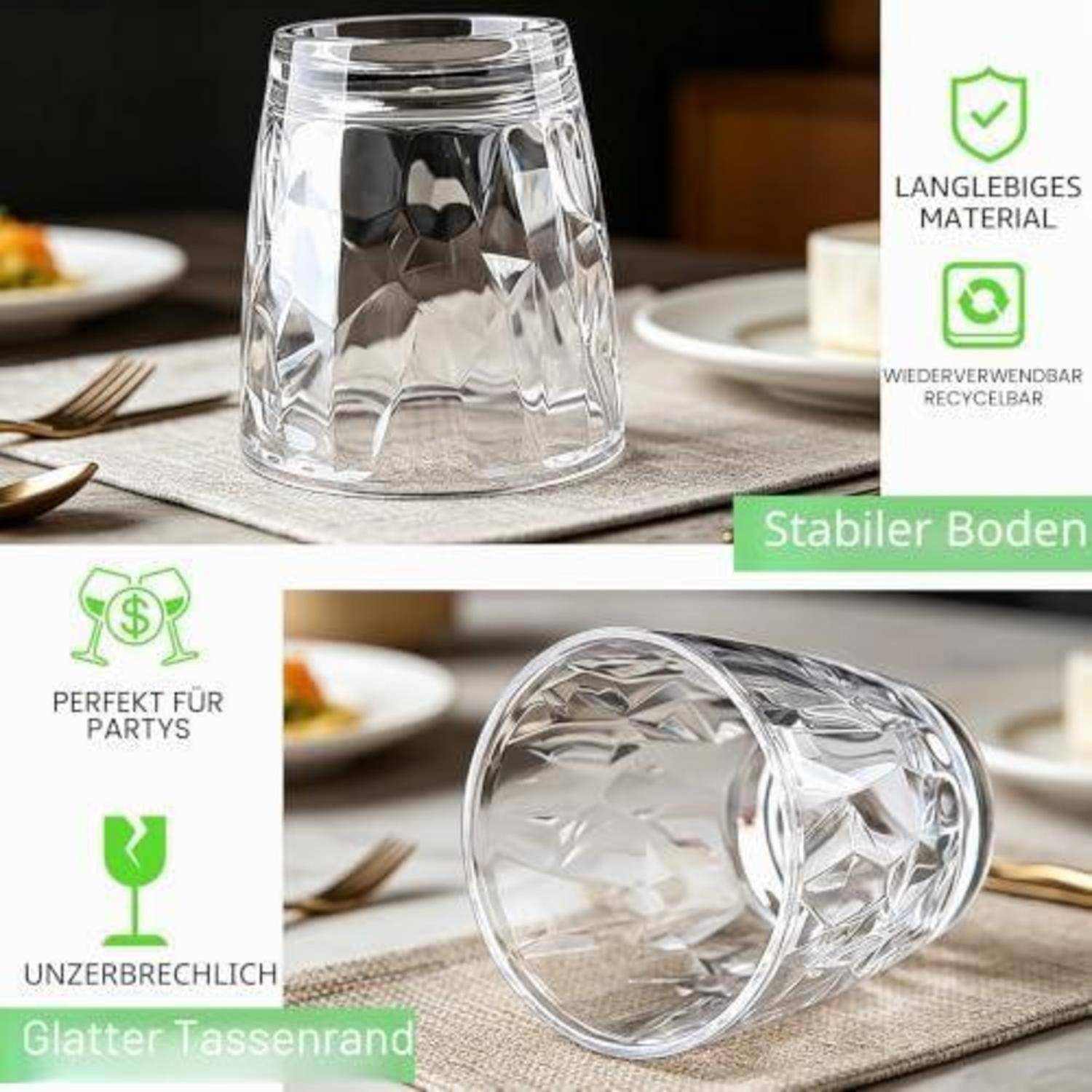 Produktbild zeigt einen transparenten facettierten Kunststoffbecher, aufrecht und umgekippt, wobei der stabile Untergrund, die glatte Kante, die Bruchsicherheit, das wiederverwendbare recycelte Material und die Verwendung bei Feierlichkeiten hervorgehoben werden.
