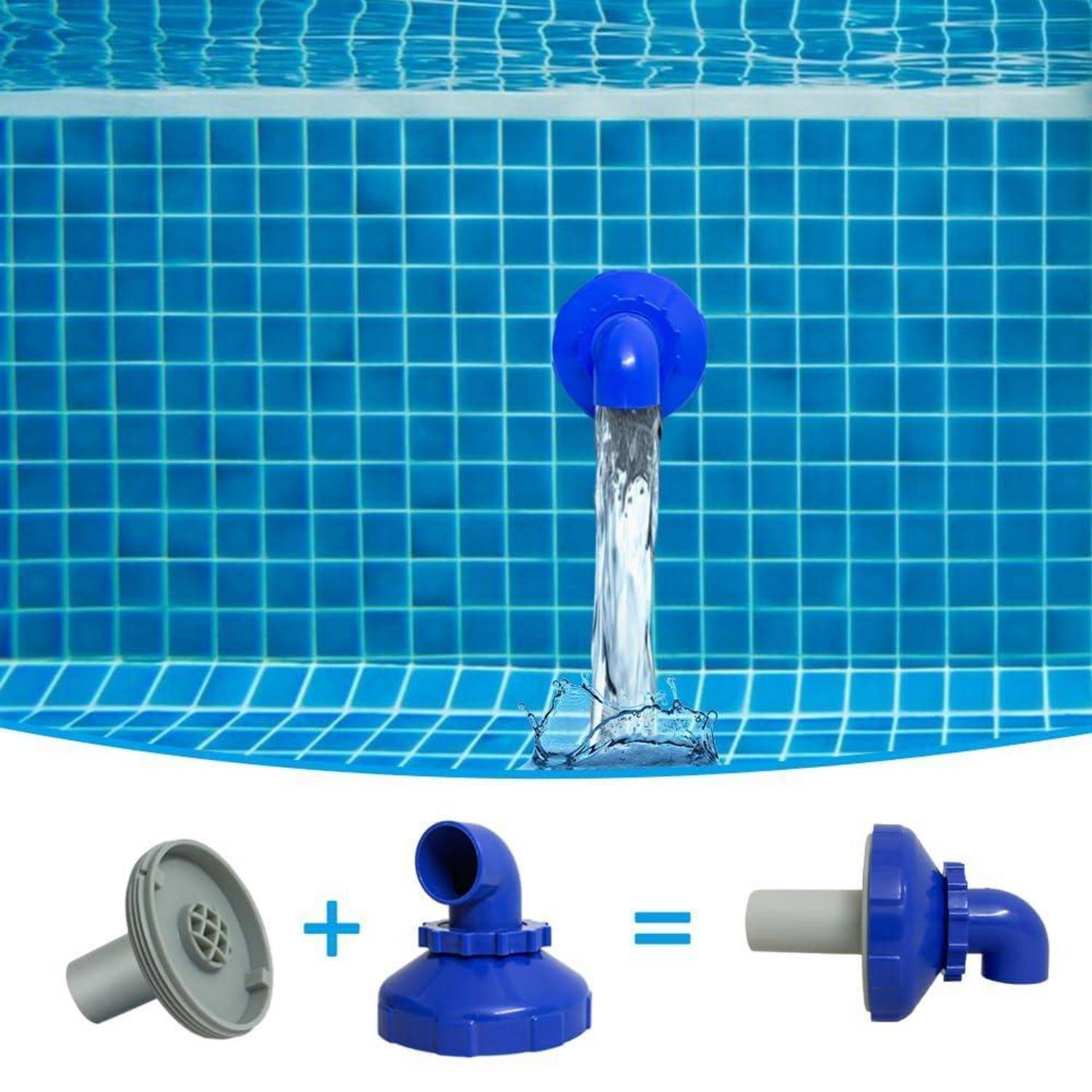 Schwimmbadwand-Skimmer-Ablauf; das untere Diagramm zeigt zwei Teile, die sich zu einer fertigen blauen Auslassarmatur verbinden.