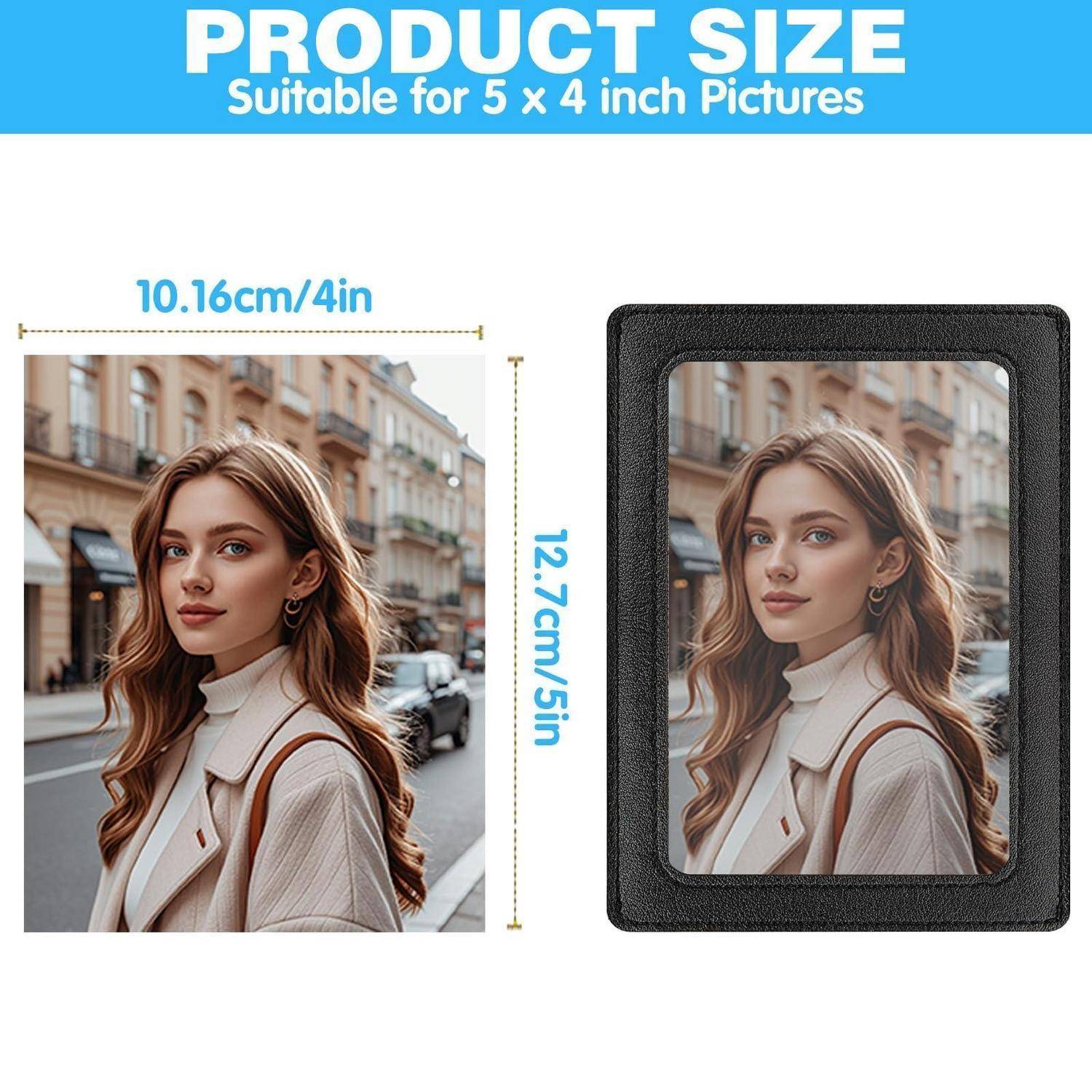 Produktgrößenleitfaden mit einem 5 x 4 Zoll großen Foto, beschriftet mit 10,16 cm x 12,7 cm, angezeigt sowohl als Vollbild als auch in einem schwarzen Rahmen.