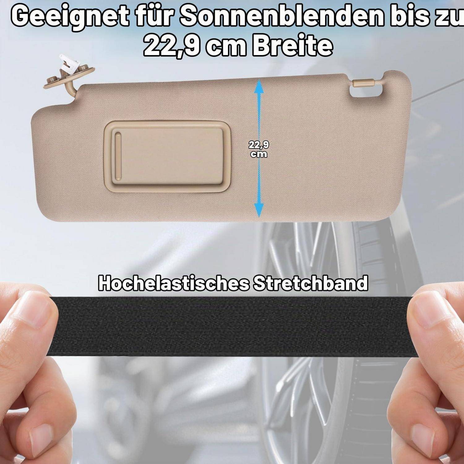 Anzeige für eine beige Sonnenschutzblende für das Auto, Größe bis zu 22,9 cm breit, mit einem „hochelastischen Dehnband", das von Händen gedehnt wird.