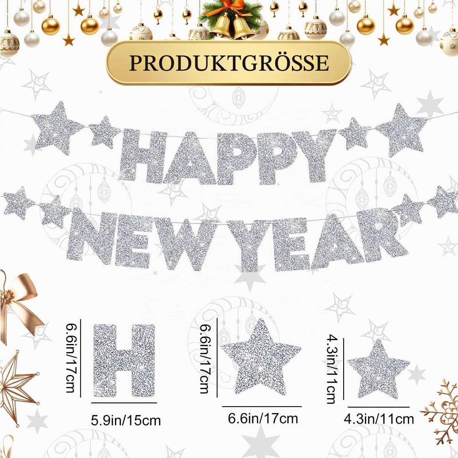 Größentabelle für Neujahrsdekoration mit der Bezeichnung „PRODUKTGRÖSSE" zeigt Glitzerbuchstaben „HAPPY NEW YEAR"" und Sternformen mit Abmessungen in Zoll und cm.
