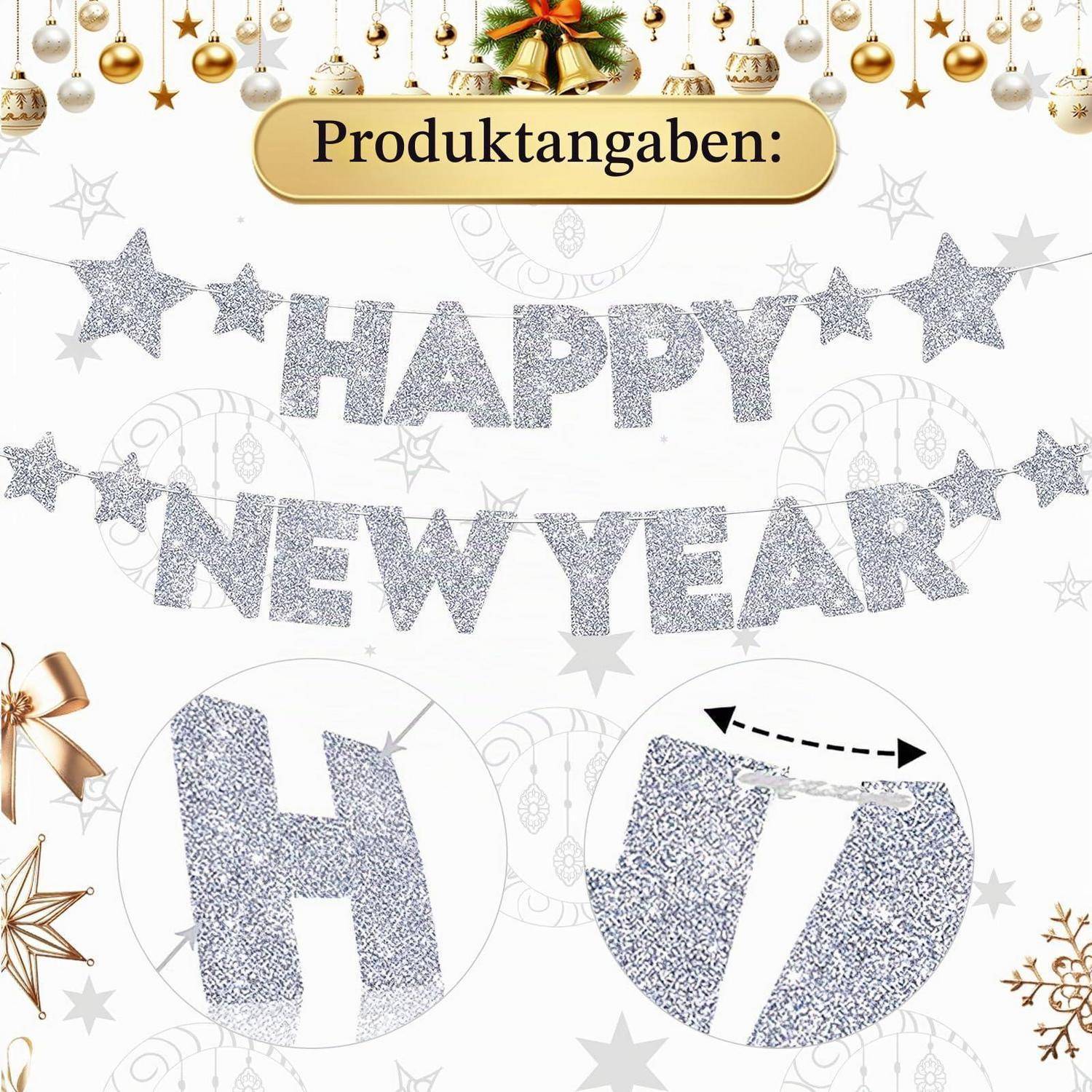Feiertagsproduktbild mit glitzerndem Text "HAPPY NEW YEAR"" und deutschem Label ""Produktangaben:"" darüber, plus kreisförmige Nahaufnahmen mit strukturierter silberner Beschriftung.