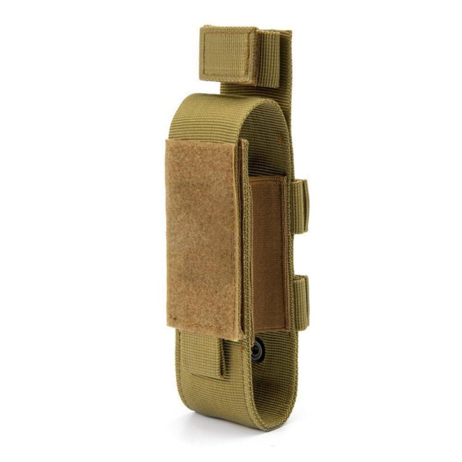 Khaki-farbene taktische Nylon-Tasche mit Klettverschluss-Klappe und Gürtelschlaufen, auf weißem Hintergrund gezeigt.