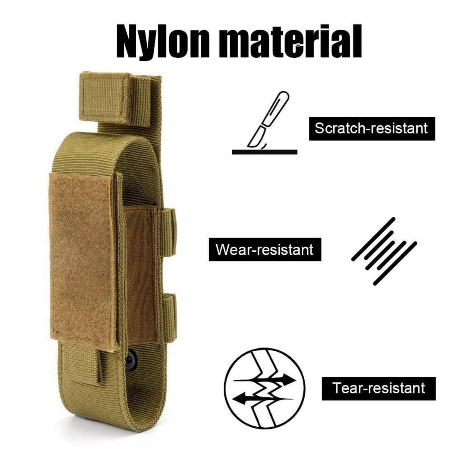 Diagramm einer Nylontasche mit der Bezeichnung „Nylonmaterial", das zeigt, dass sie kratzfest, verschleißfest und reißfest ist.