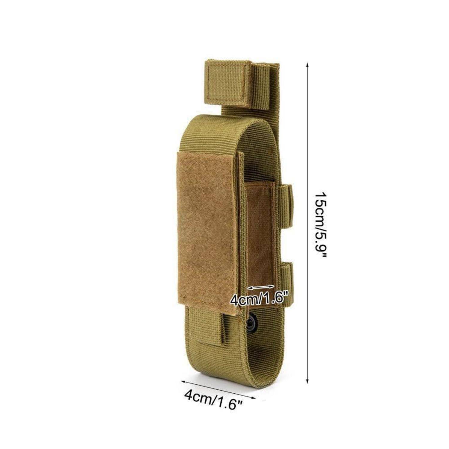 Beige taktische MOLLE-Tasche mit Klettverschluss-Klappe, auf weißem Hintergrund abgebildet mit Größenangaben: 15 cm Höhe und 4 cm Breite.