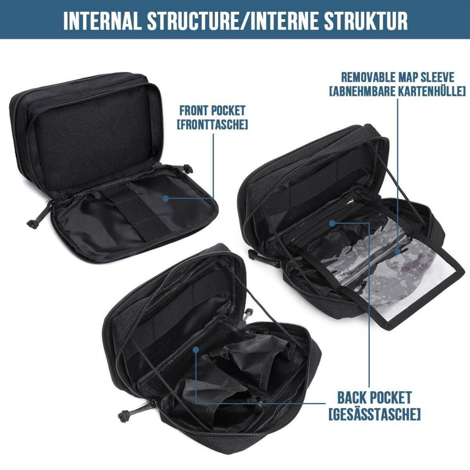 Diagramm der inneren Struktur einer schwarzen Tasche mit einer Vordertasche, einer abnehmbaren Kartentasche und einer Rückentasche.