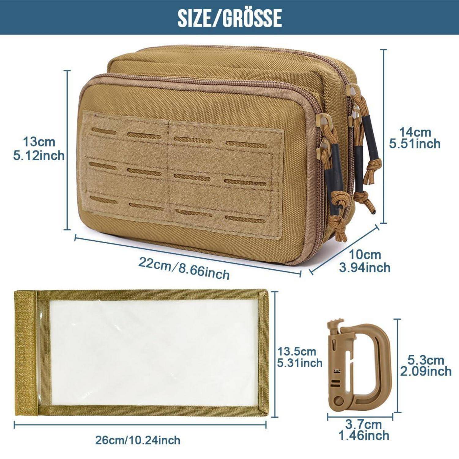 Größentabelle für eine beige taktische Tasche: Tasche 22 x 13 x 14 cm, transparente Einlage 26 x 13,5 cm, Griff-Zubehör 3,7 x 5,3 cm.