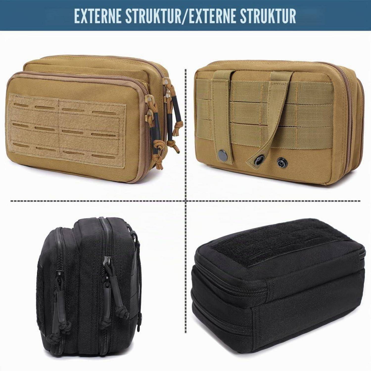 Vier kleine taktische Taschen mit Reißverschluss in einem 2x2-Vergleich: beige Vorder- und Rückseite, schwarze Seitenansicht und schwarze Draufsicht.
