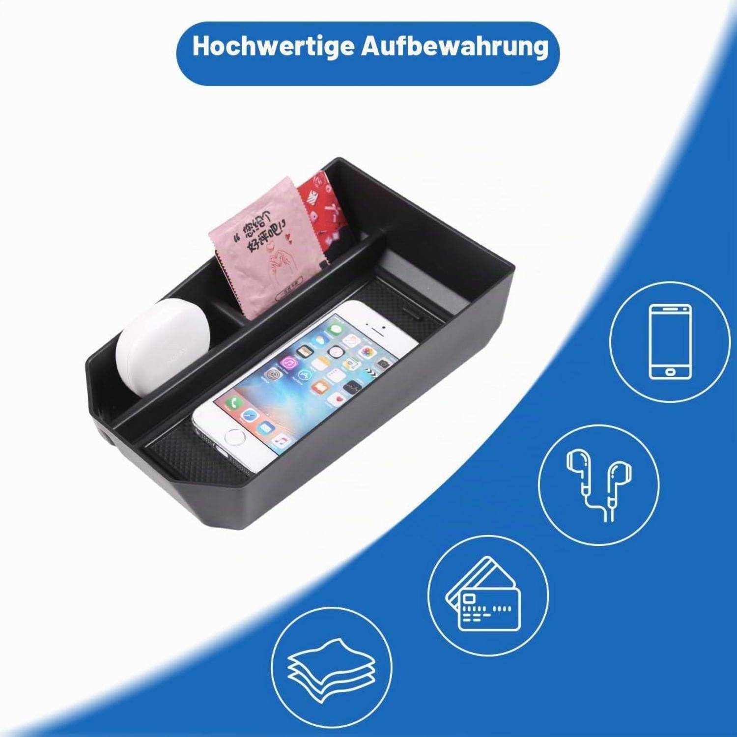 Schwarzes Auto-Organizer-Tablett mit Telefon, Taschentuchpackung und Becher; beschriftet mit „Hochwertige Aufbewahrung" und gezeigt mit Symbolen für Telefon, Kopfhörer, Kartenhalter und Tücher.