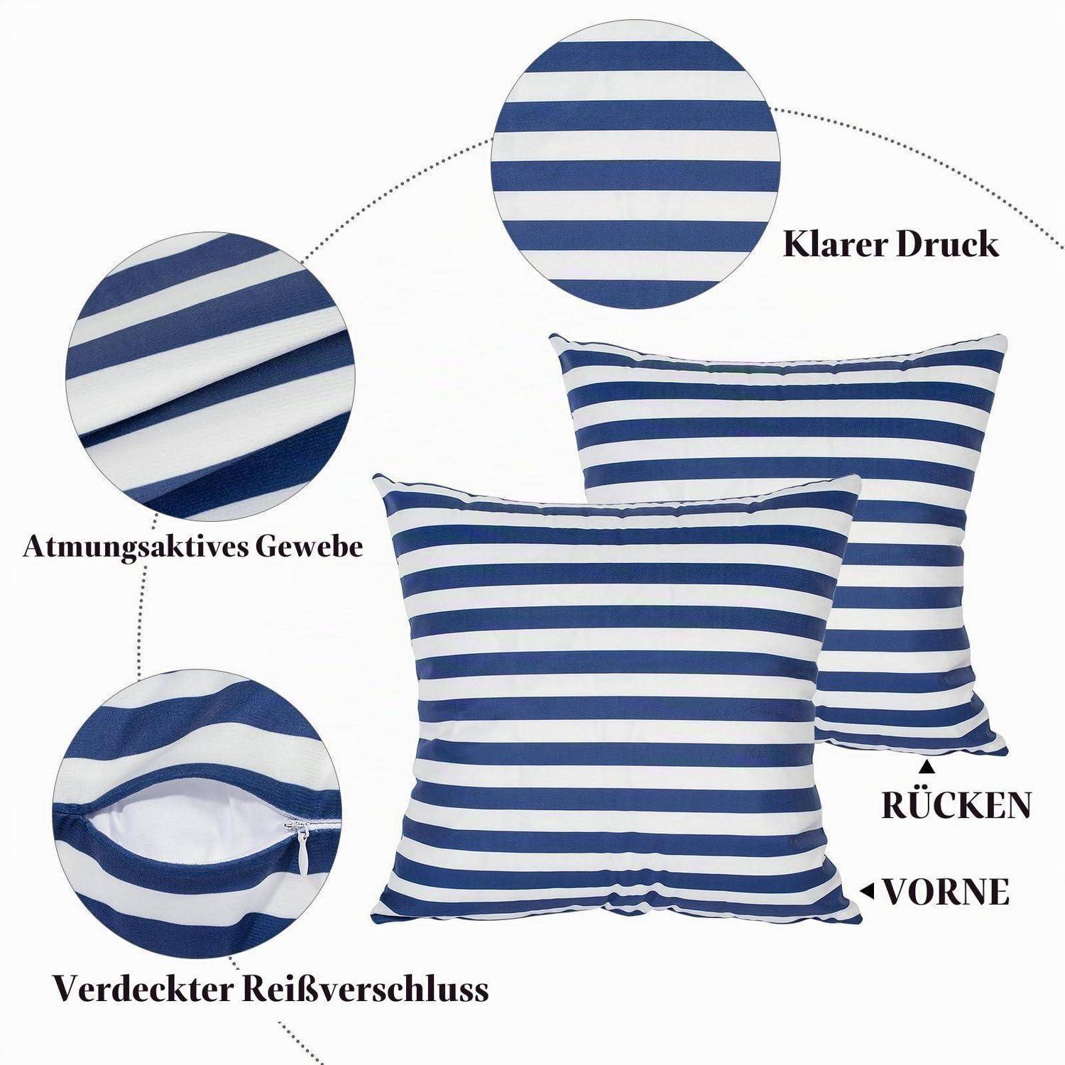Blau-weiß gestreiftes Kissen von vorne und hinten gezeigt, wobei atmungsaktives Gewebe, scharfer Druck und versteckter Reißverschluss hervorgehoben werden; Etiketten in Deutsch.