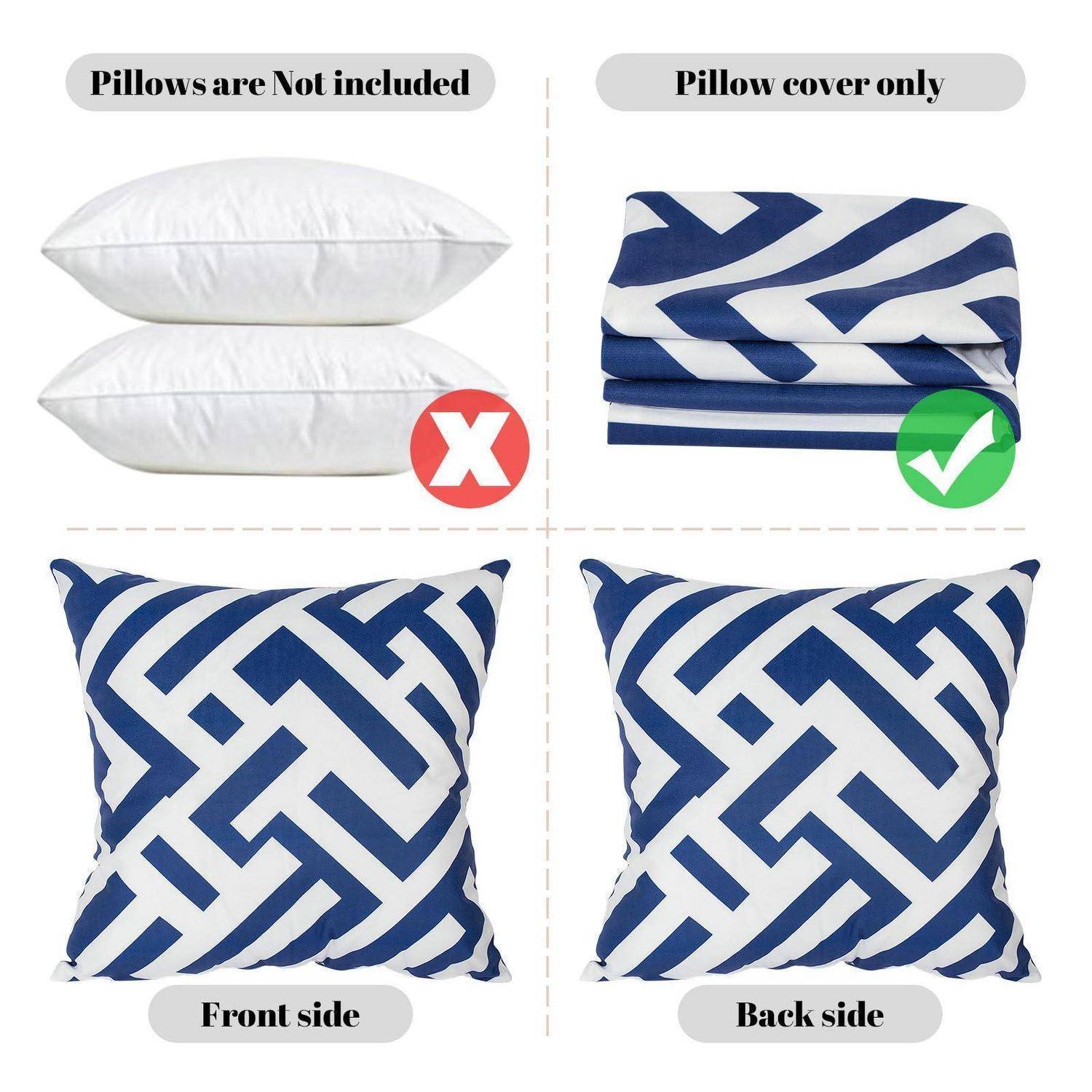 Produktbild zeigt nur den Kissenbezug; Kissen nicht enthalten. Vorder- und Rückseite zeigen das gleiche blau-weiße geometrische Muster.