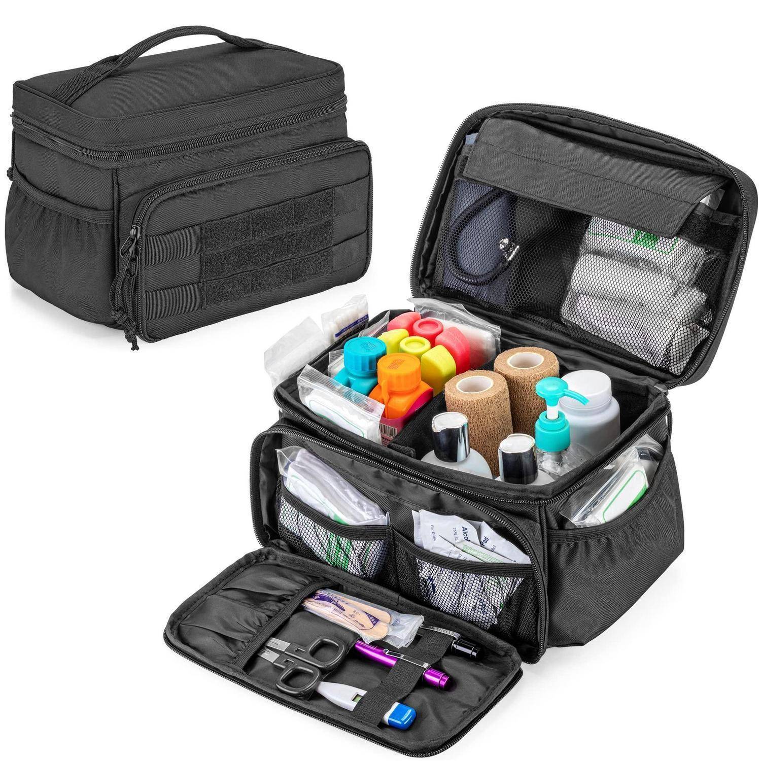 Schwarze isolierte Medizin-/Erste-Hilfe-Organisertasche, geschlossen und geöffnet dargestellt, mit Mesh-Taschen, Klebebandrollen, Flaschen, Spritzen und Werkzeugen.