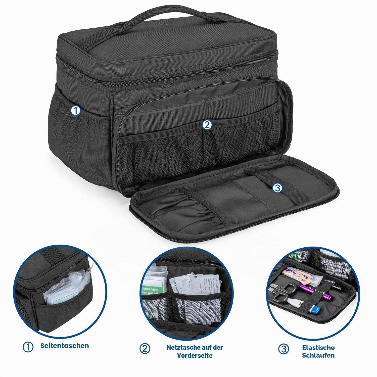 Schwarze Kosmetiktasche mit Reißverschluss, Seitentaschen, vorderer Netztasche und elastischen Schlaufen; offen gezeigt mit organisierten Fächern und beschrifteten Nahaufnahmen der Funktionen.