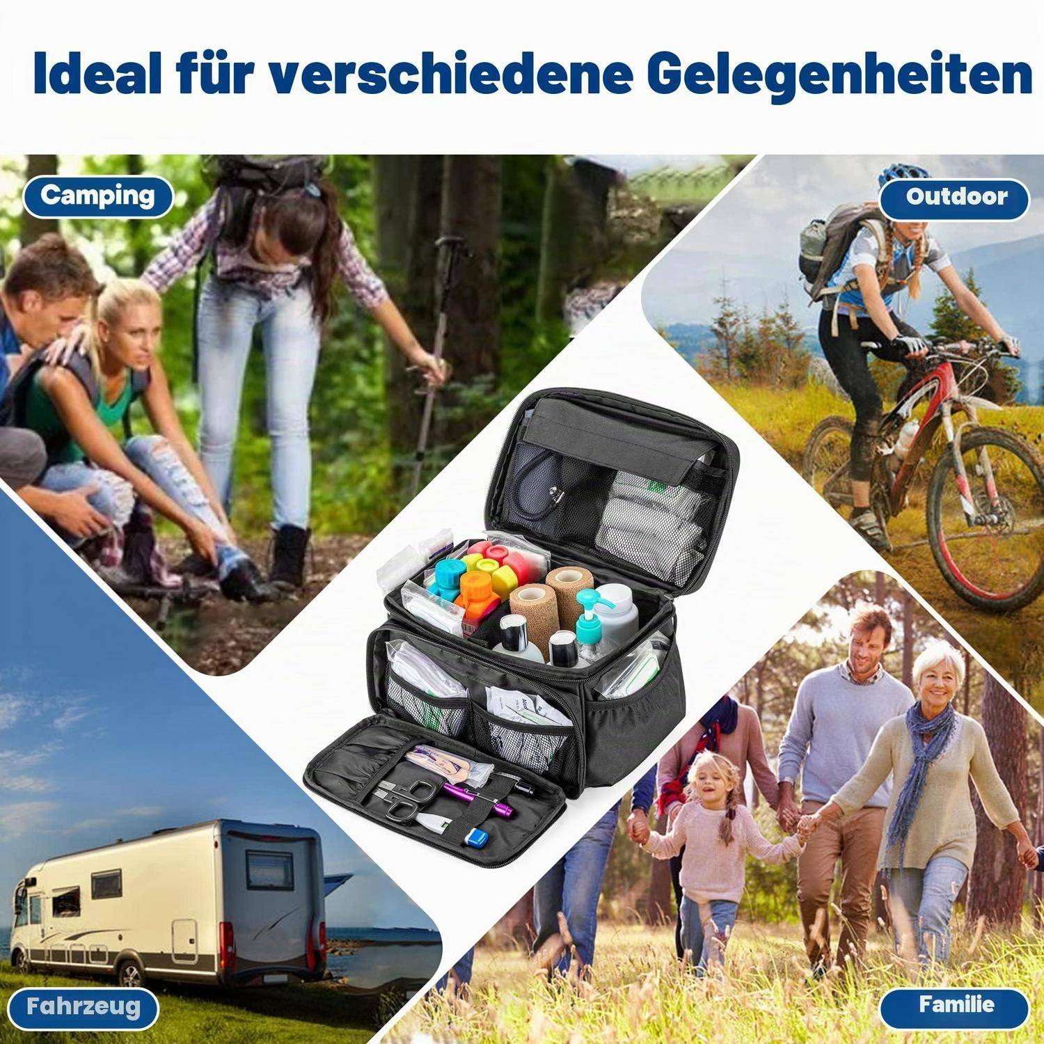 Collage mit einer tragbaren Organizer-Tasche zum Campen, Outdoor-Radfahren, Reisen mit dem Fahrzeug und für Familienausflüge, mit deutschem Titel „Ideal für verschiedene Gelegenheiten" und Beschriftungen „Camping"", „Outdoor"", „Fahrzeug"", „Familie"".