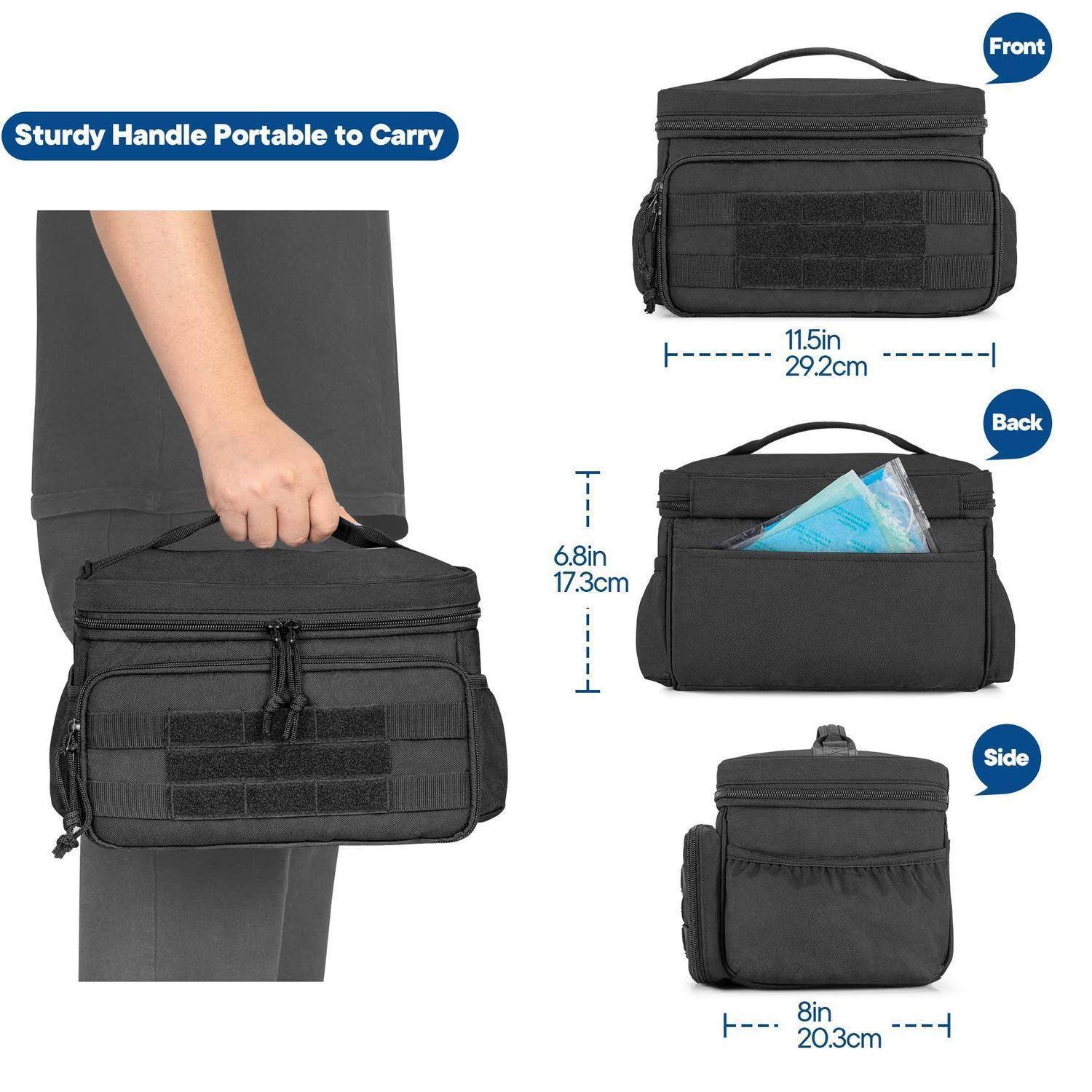 Schwarze isolierte Lunchbox mit Griff und Vordertasche, gezeigt in Gebrauch und von vorne, hinten und von der Seite mit den Abmessungen: 11,5 x 6,8 x 8 Zoll.