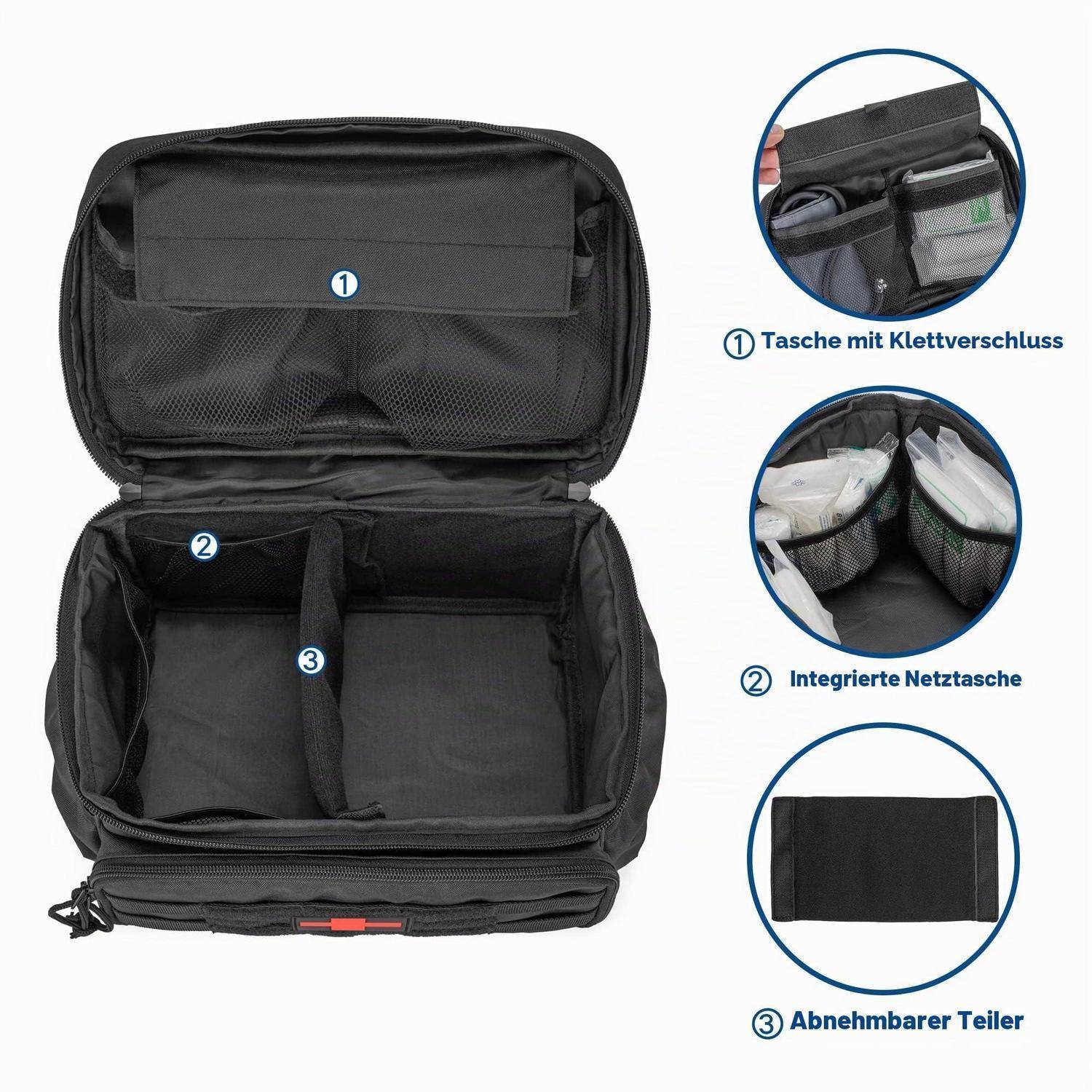 Offene schwarze Organizer-Tasche mit Klapptasche, Mesh-Innentaschen und abnehmbarem Trennsteg; eingefügte Nahaufnahmen beschriften diese Funktionen auf Deutsch.