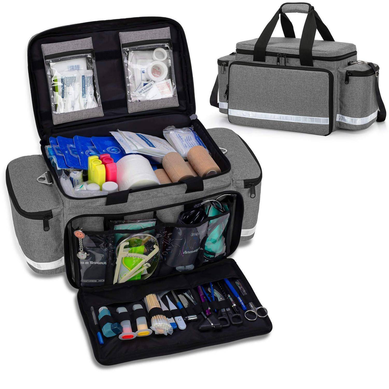 Graue isolierte medizinische/taktische Reisetasche, offen dargestellt mit organisierten Fächern für Ausrüstung und Werkzeuge; geschlossene Ansicht oben rechts.