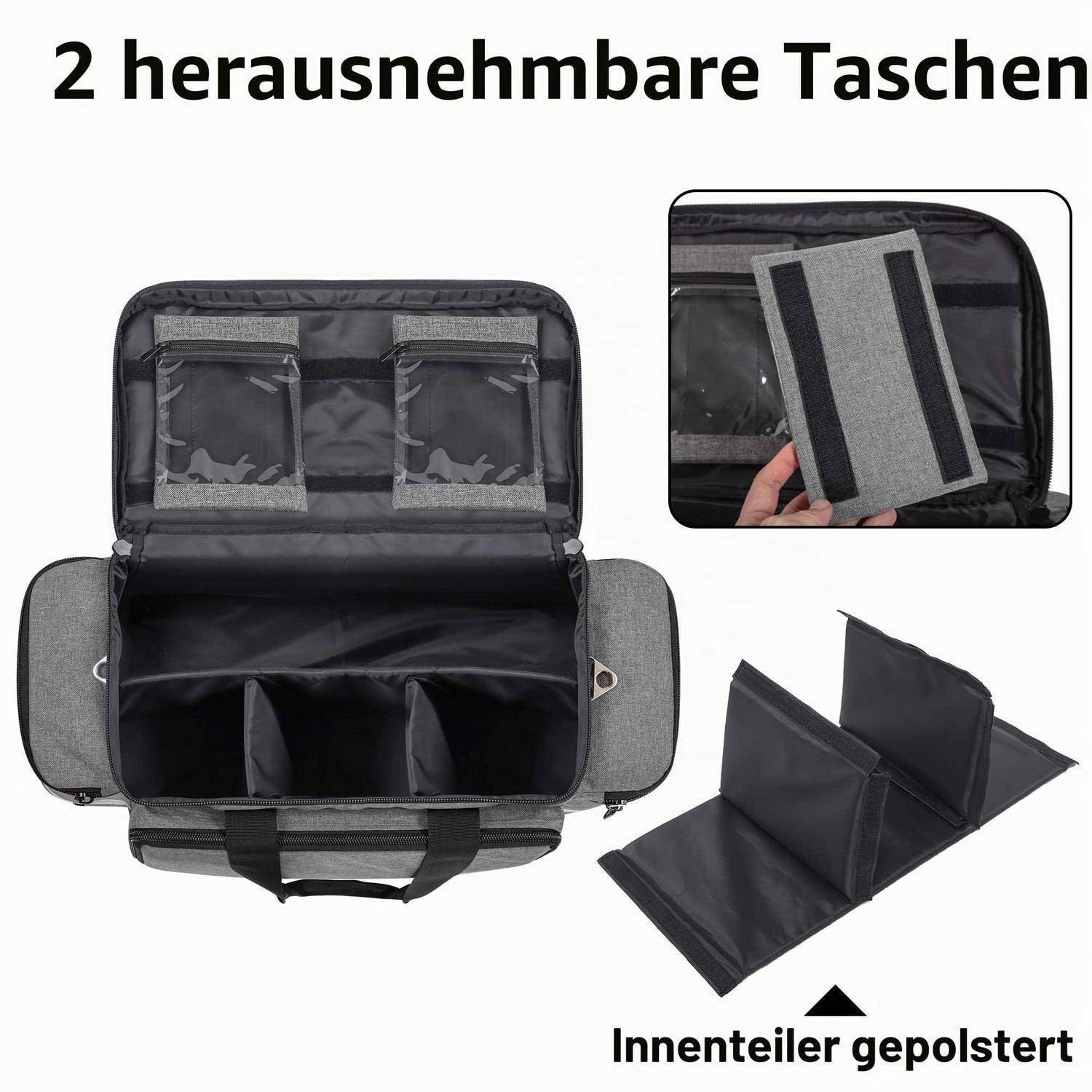 Offene grau-schwarze Tasche mit zwei herausnehmbaren Taschen und gepolstertem Innenteilier; Ausschnitt zeigt Detailaufnahme des Teilers und Text '2 herausnehmbare Taschen' und 'Innenteiler gepolstert'.