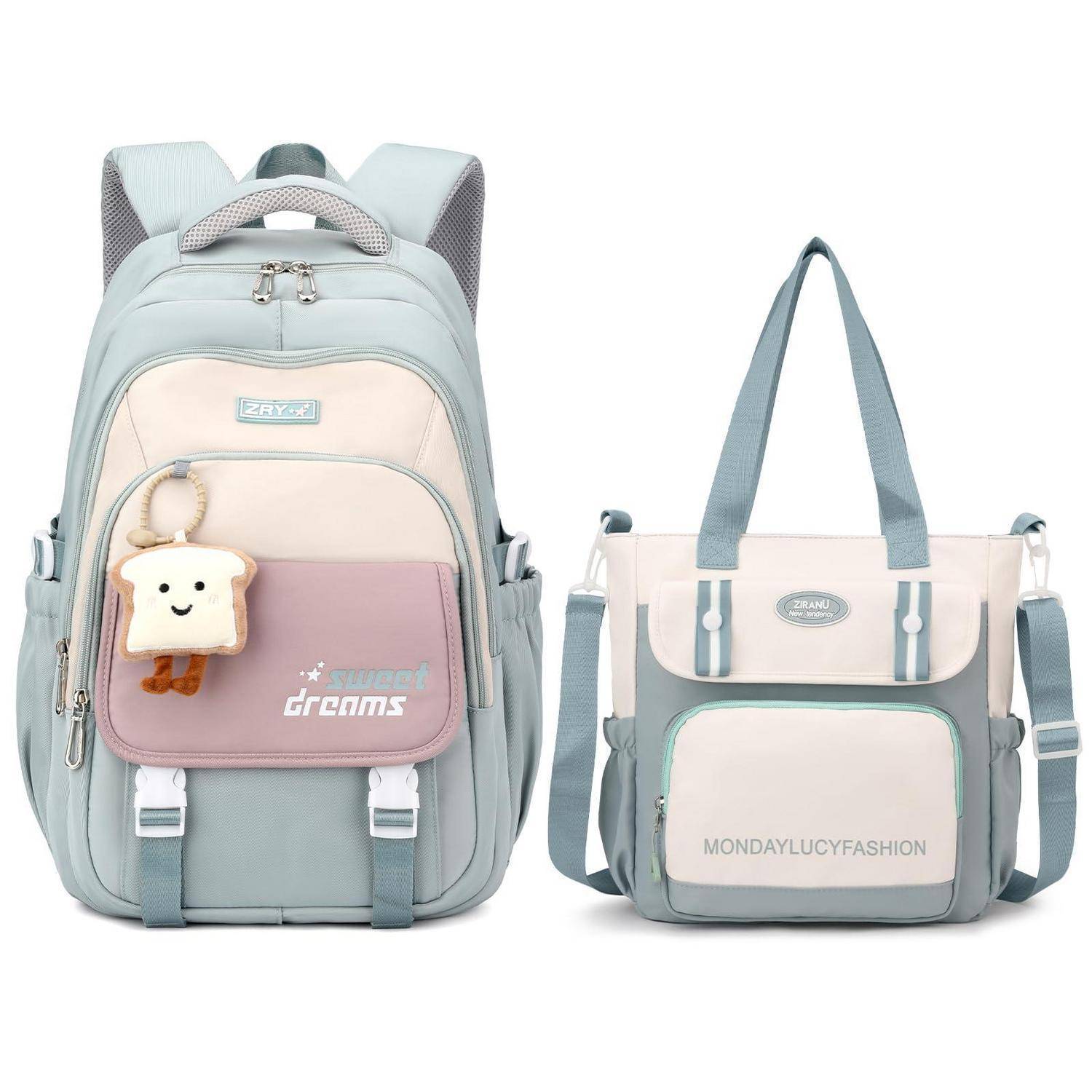 Zwei Pastell-Taschen auf weißem Hintergrund: ein mintgrüner und rosa Rucksack mit Schlüsselanhänger und eine passende Schultertasche mit vorderen Taschen und langen Trägern.