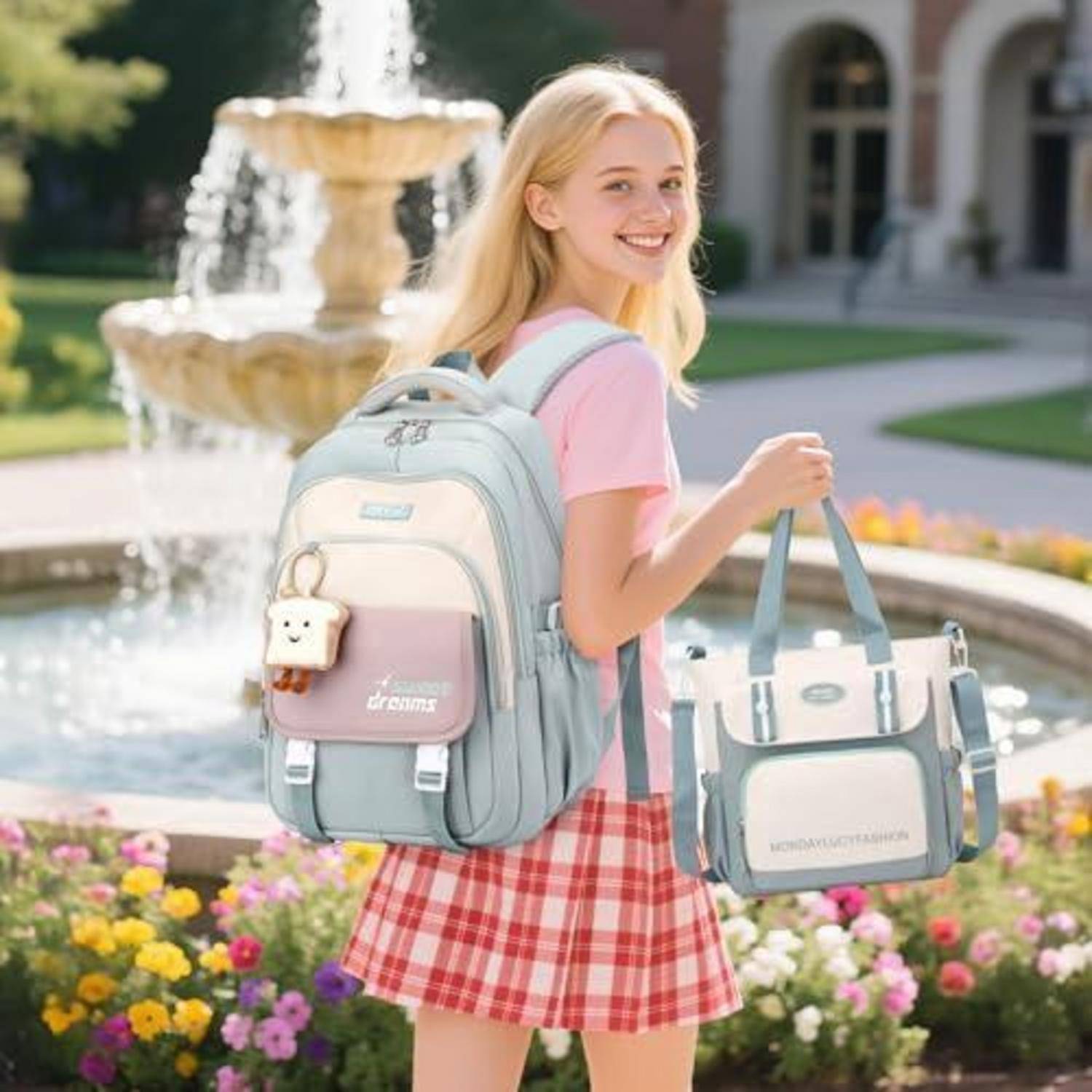 Lächelndes junges Mädchen mit Rucksack und Stofftasche steht an einem Brunnen in einem Blumengarten.
