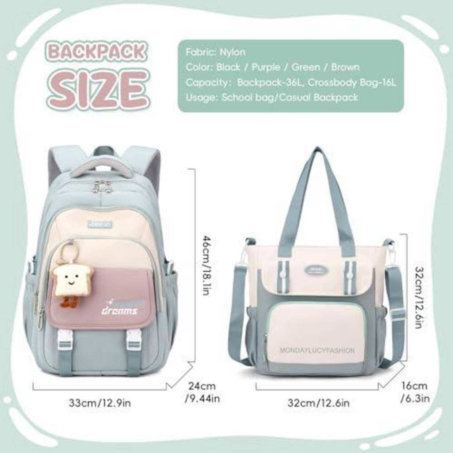 Rucksackgrößentabelle mit einem Nylon-Schul-/Freizeitrucksack in mehreren Farben, mit Abmessungen von 33 x 24 x 46 cm und einer passenden Tasche von 32 x 16 x 32 cm.