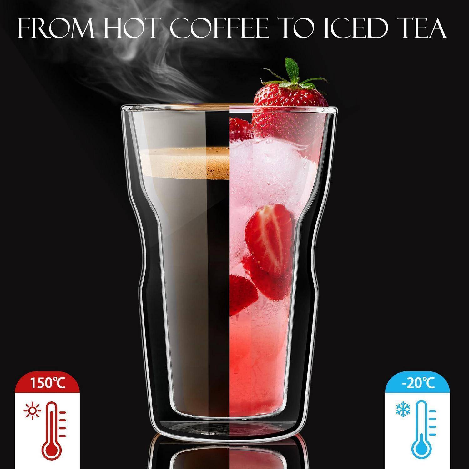 Nebeneinander heißer Kaffee und Eistee in einem Glas, die einen Temperaturkontrast von 150°C bis -20°C zeigen.