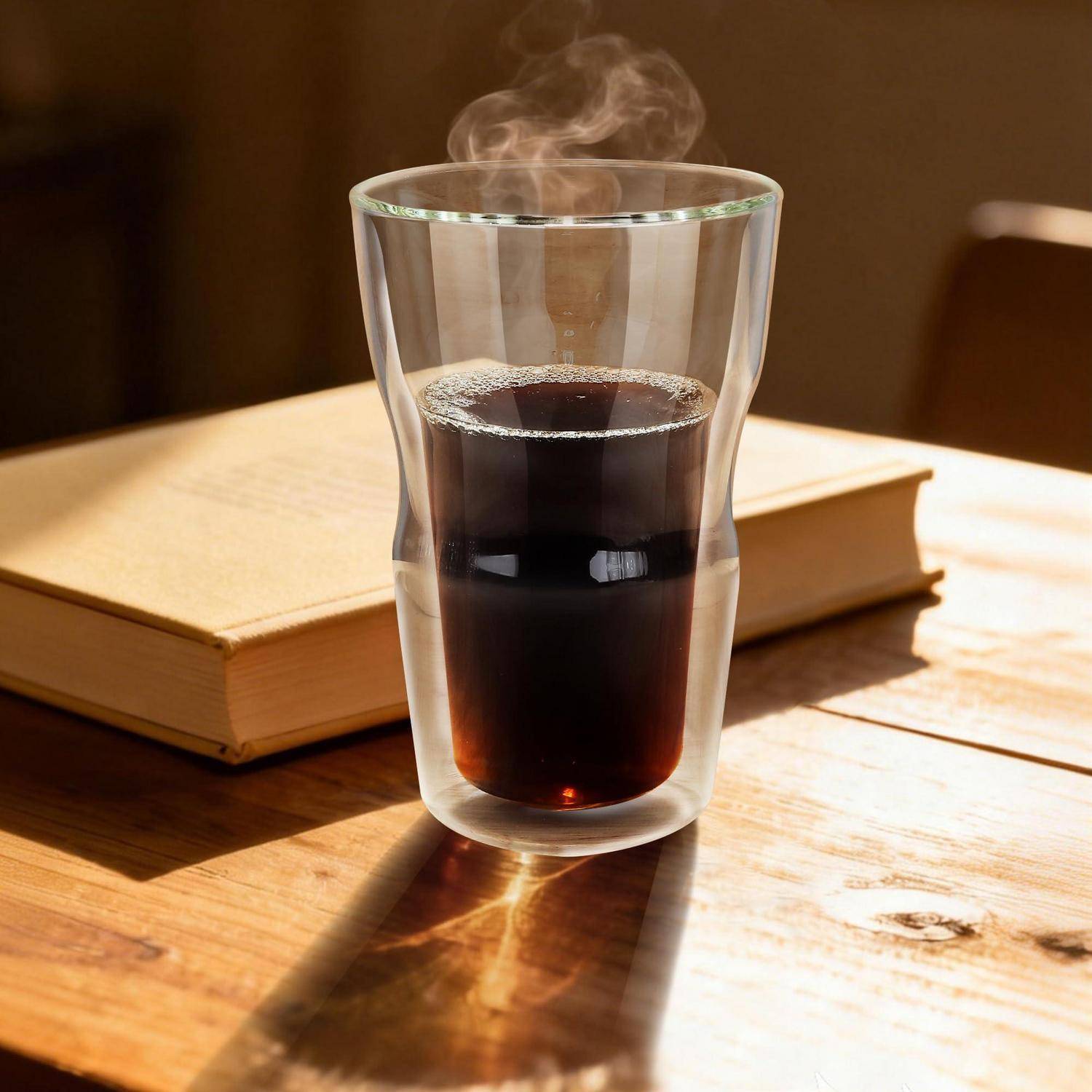 Ein dampfendes Glas dunklen Kaffees steht auf einem Holztisch neben einem geschlossenen Buch im warmen Sonnenlicht.