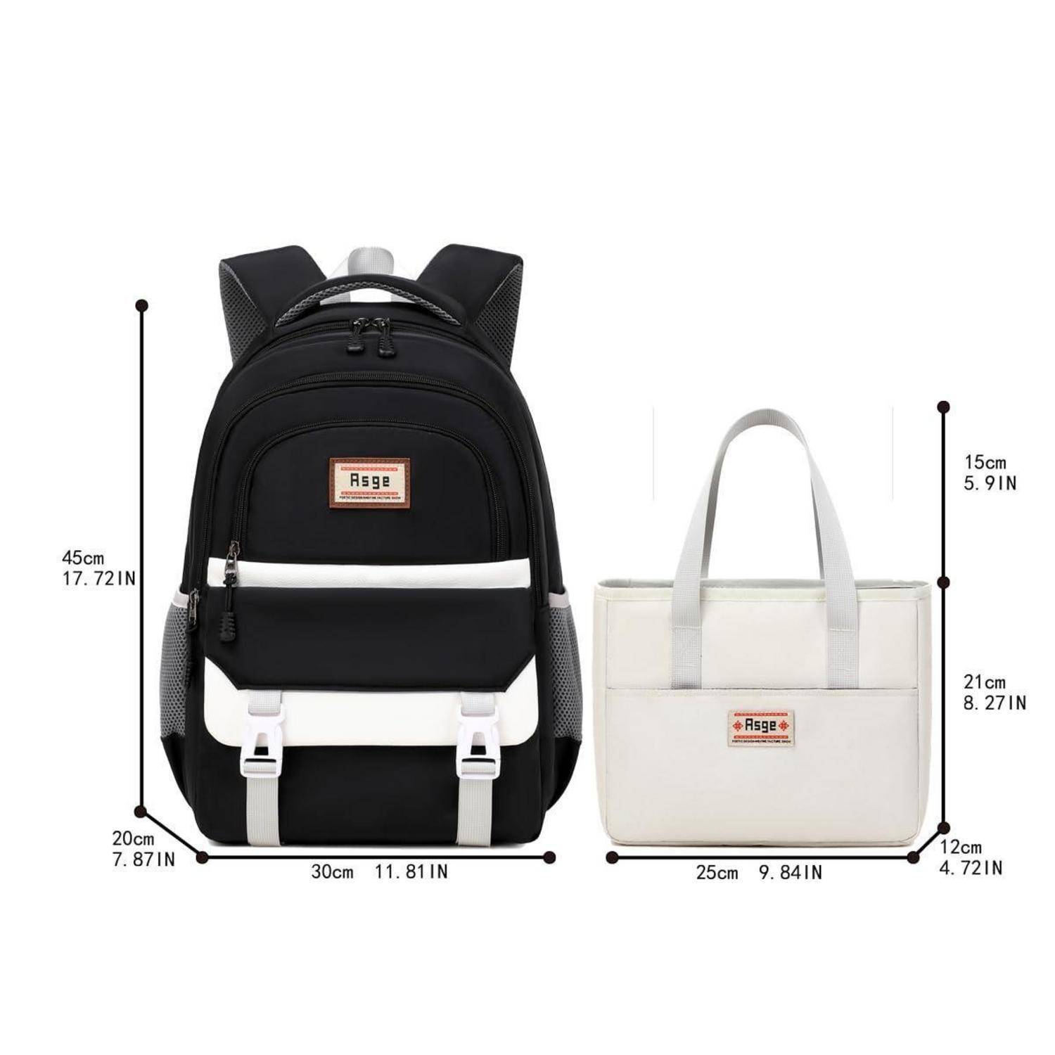 Größentabelle für Produkte mit einem schwarzen Rucksack und einer weißen Tragetasche mit Abmessungen: Rucksack 45 cm hoch, 30 cm breit, 20 cm tief; Tragetasche 21 cm hoch, 25 cm breit, 12 cm tief.