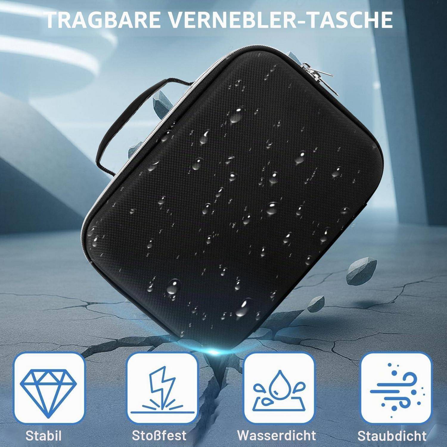 Schwarzer Hartschalenkoffer mit der Bezeichnung „TRAGBARE VERNEBLER-TASCHE", dargestellt mit Wassertropfen; Symbole zeigen stabil, stoßfest, wasserdicht und staubdicht.