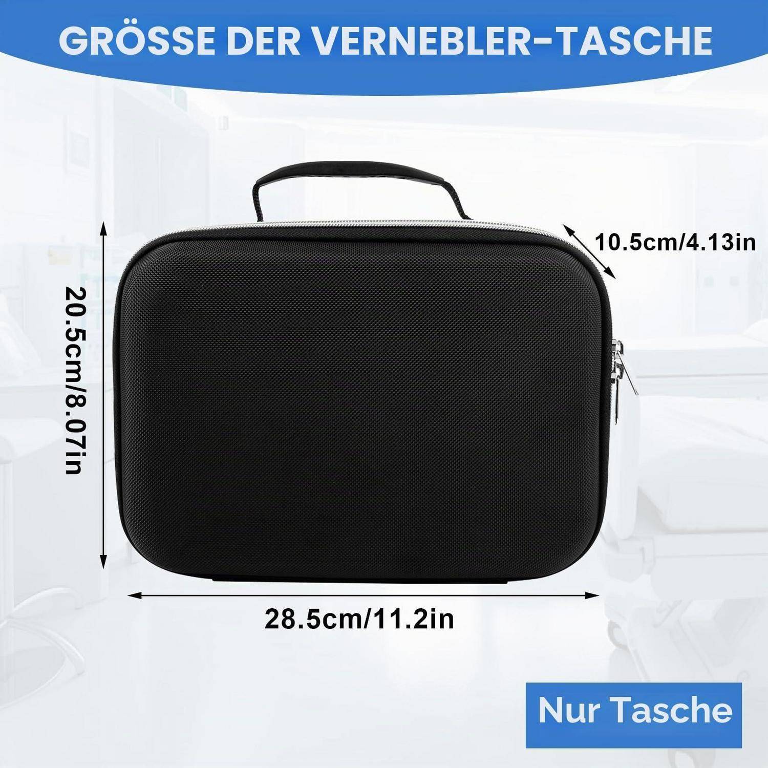 Schwarze Hartschalentasche mit angegebenen Abmessungen: 28,5 cm breit, 20,5 cm hoch und 10,5 cm tief; das Etikett besagt „Nur Tasche" (nur Tasche).
