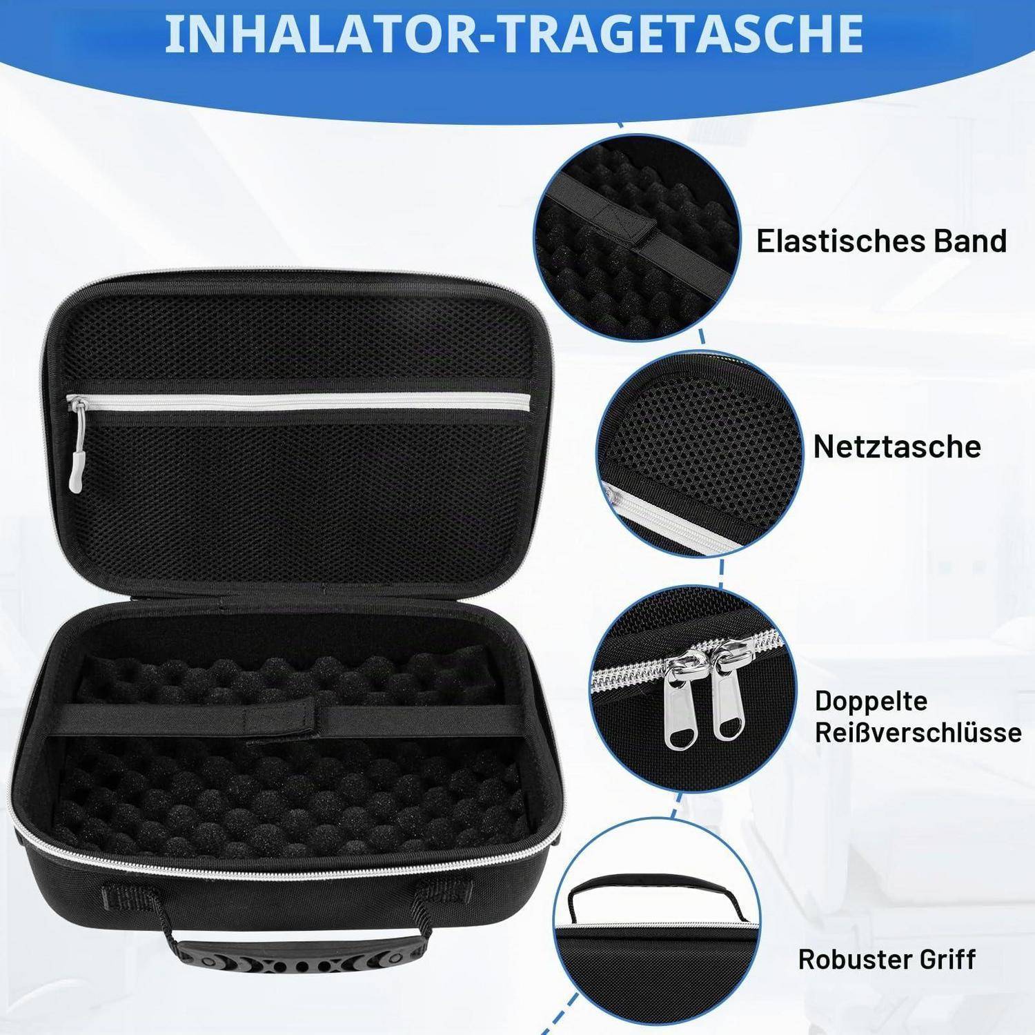 Schwarze Inhalator-Tragetasche mit Schaumstoff-Einsatz und Reißverschluss; Beschriftungen für Gummiband, Netzfach, Doppelreißverschlüsse und robuster Griff.