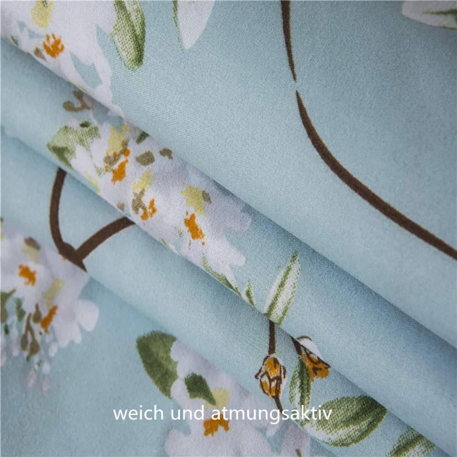 Gefalteter hellblauer Blumenstoff mit weißen Blüten und braunen Ästen; der Text lautet „weich und atmungsaktiv" und weist auf weiches, atmungsaktives Material hin.