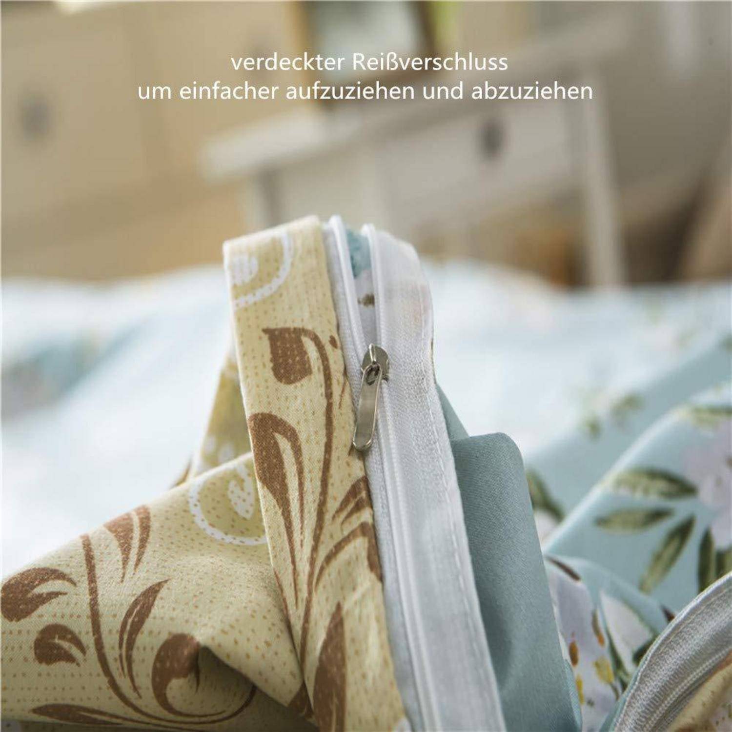 Nahaufnahme eines gemusterten Stoff-Beutels mit verborgenem Reißverschluss; deutscher Text sagt „verdeckter Reißverschluss um einfacher aufzuziehen und abzuziehen", was leichteres An- und Ausziehen anzeigt.