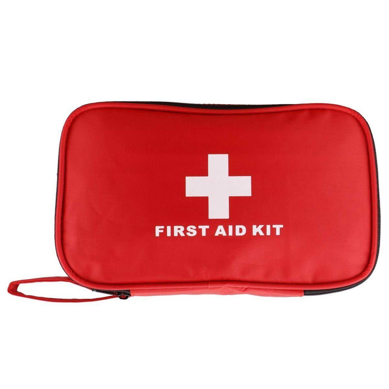 Rote Erste-Hilfe-Tasche mit weißem Kreuz und den Worten „ERSTE-HILFE-KASTEN