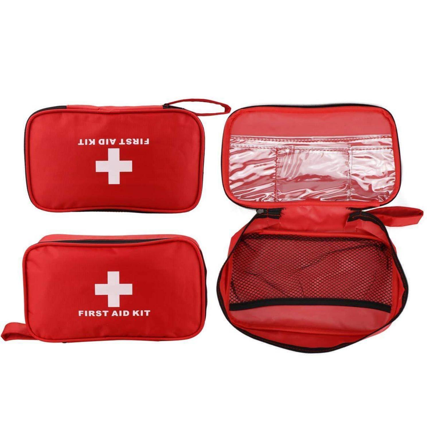 Rote Erste-Hilfe-Koffer, geschlossen und geöffnet dargestellt, mit weißem Kreuzlogo, Aufschrift „FIRST AID KIT" und inneren Taschen/Netzfächern.