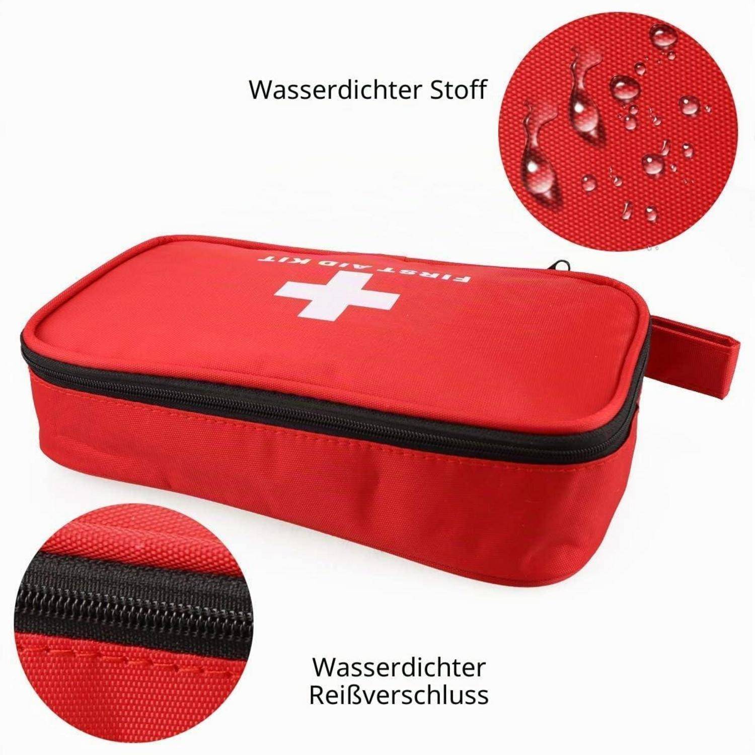 Rote wasserdichte Erste-Hilfe-Tasche mit weißem Kreuz, gezeigt mit eingebetteten Nahaufnahmen von wasserbeständigem Stoff und Reißverschluss; deutsche Beschriftungen sagen „Wasserdichter Stoff" und „Wasserdichter Reißverschluss"".