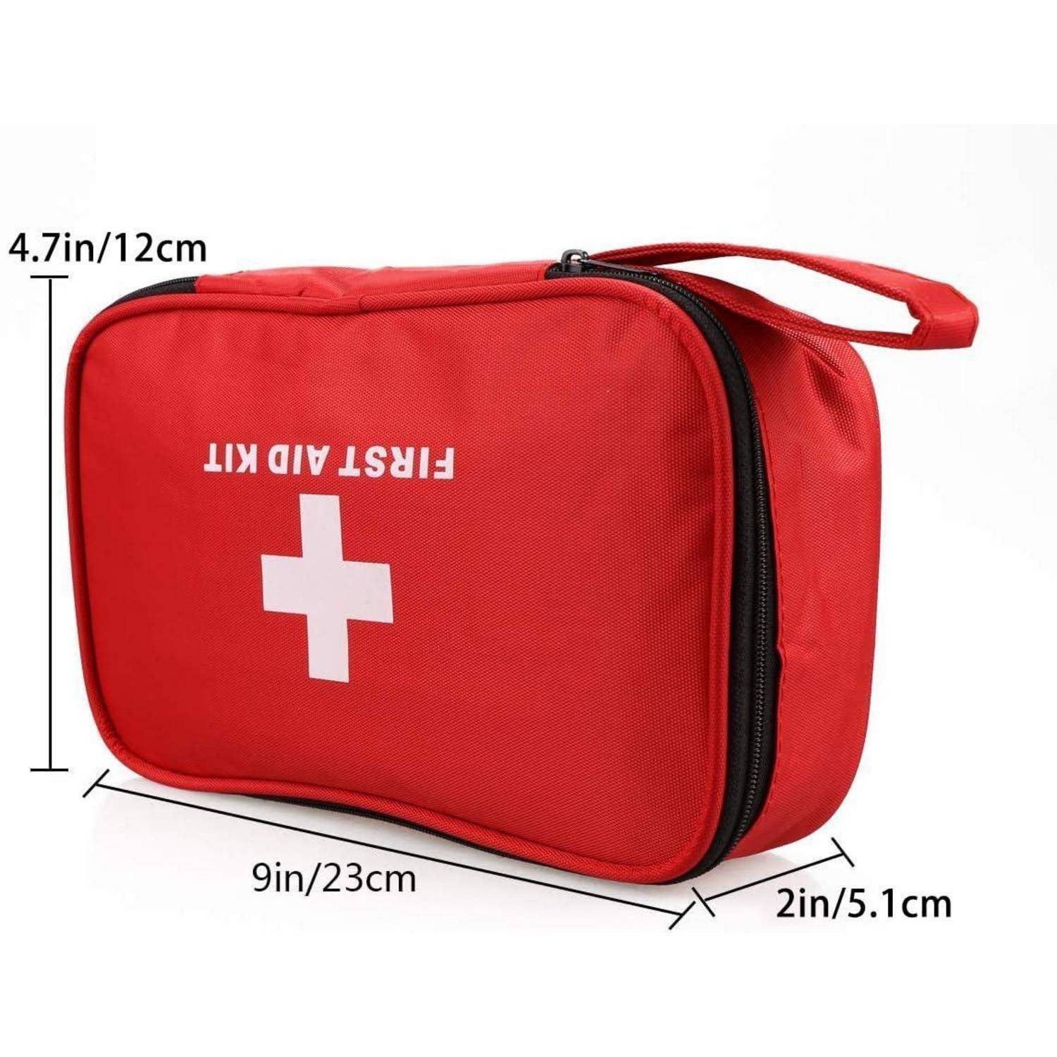 Rote Erste-Hilfe-Tasche mit weißem Kreuz und der Aufschrift „FIRST AID KIT", gezeigt mit Größenangaben 9 Zoll x 4,7 Zoll x 2 Zoll.