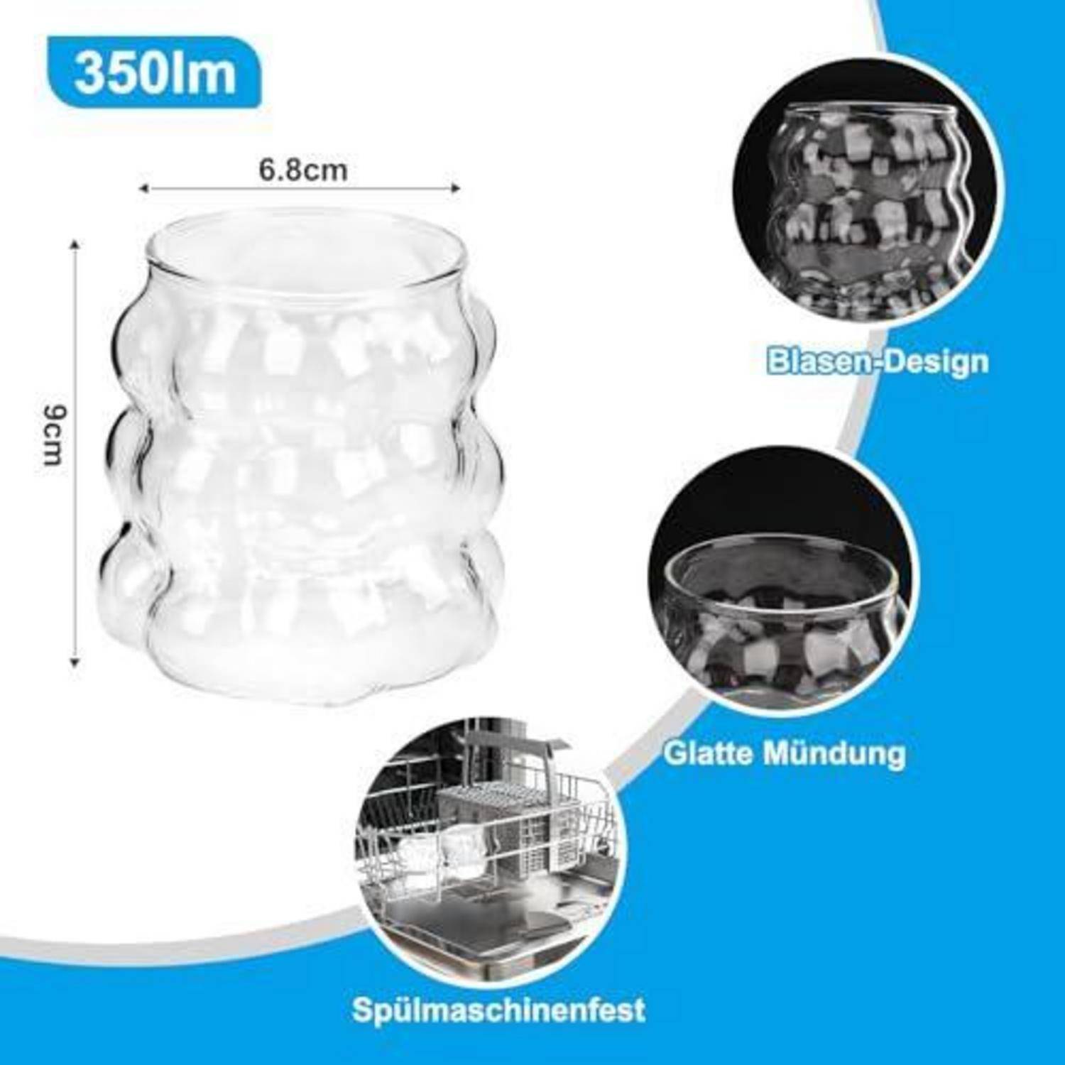 350 ml durchsichtiges strukturiertes Glas, 9 cm hoch und 6,8 cm breit, mit Blasendesign dargestellt, glatter Rand und spülmaschinenfest.