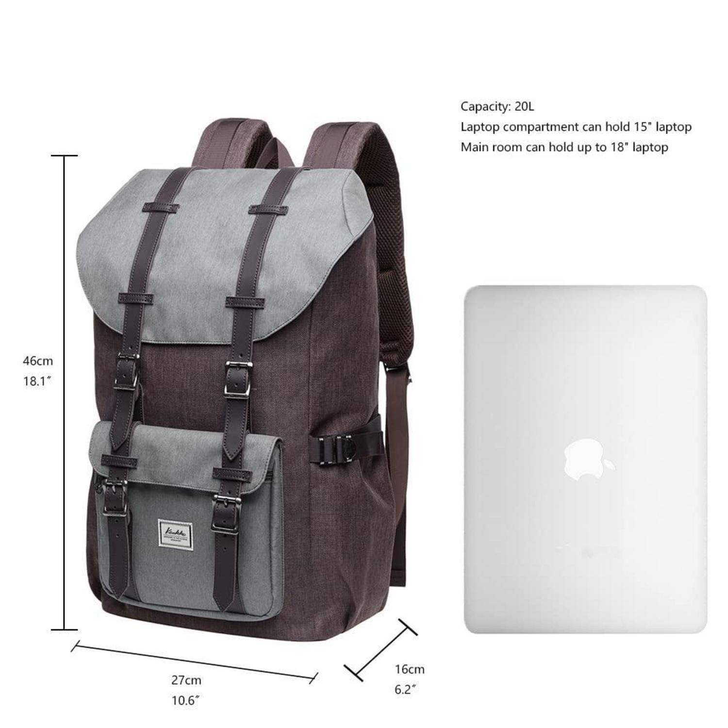 Produktbild eines Rucksacks mit den Maßen 46 cm x 27 cm x 16 cm; 20 L Kapazität, passt einen 15-Zoll-Laptop in das Fach und bis zu 18-Zoll im Hauptraum.