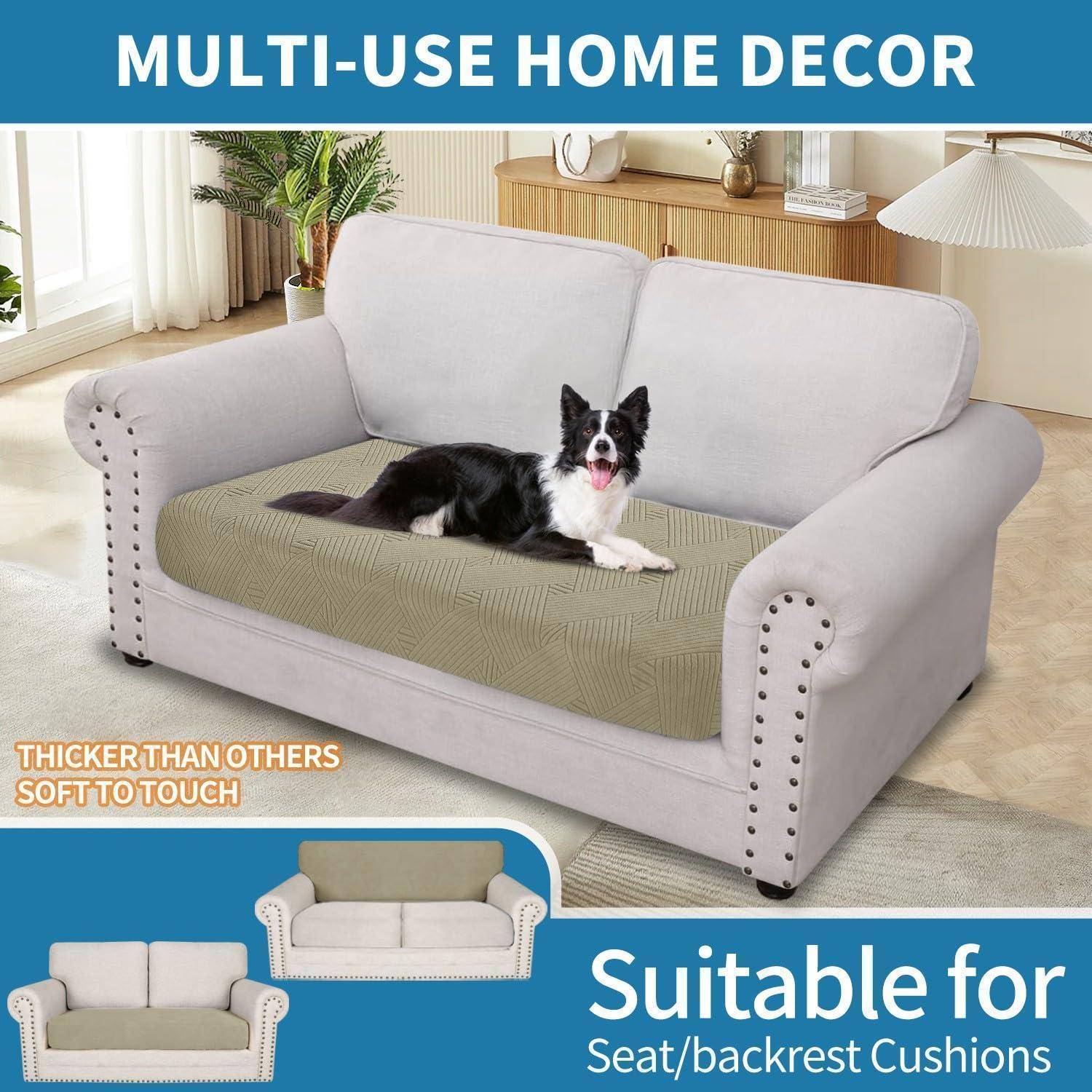 Anzeige, die einen Hund auf einem Sofa mit einem grünen Sitz- und Rückenlehnen-Kissen zeigt, gekennzeichnet als "MULTI-USE HOME DECOR"" und ""Geeignet für Sitz-/Rückenlehnen-Kissen"".