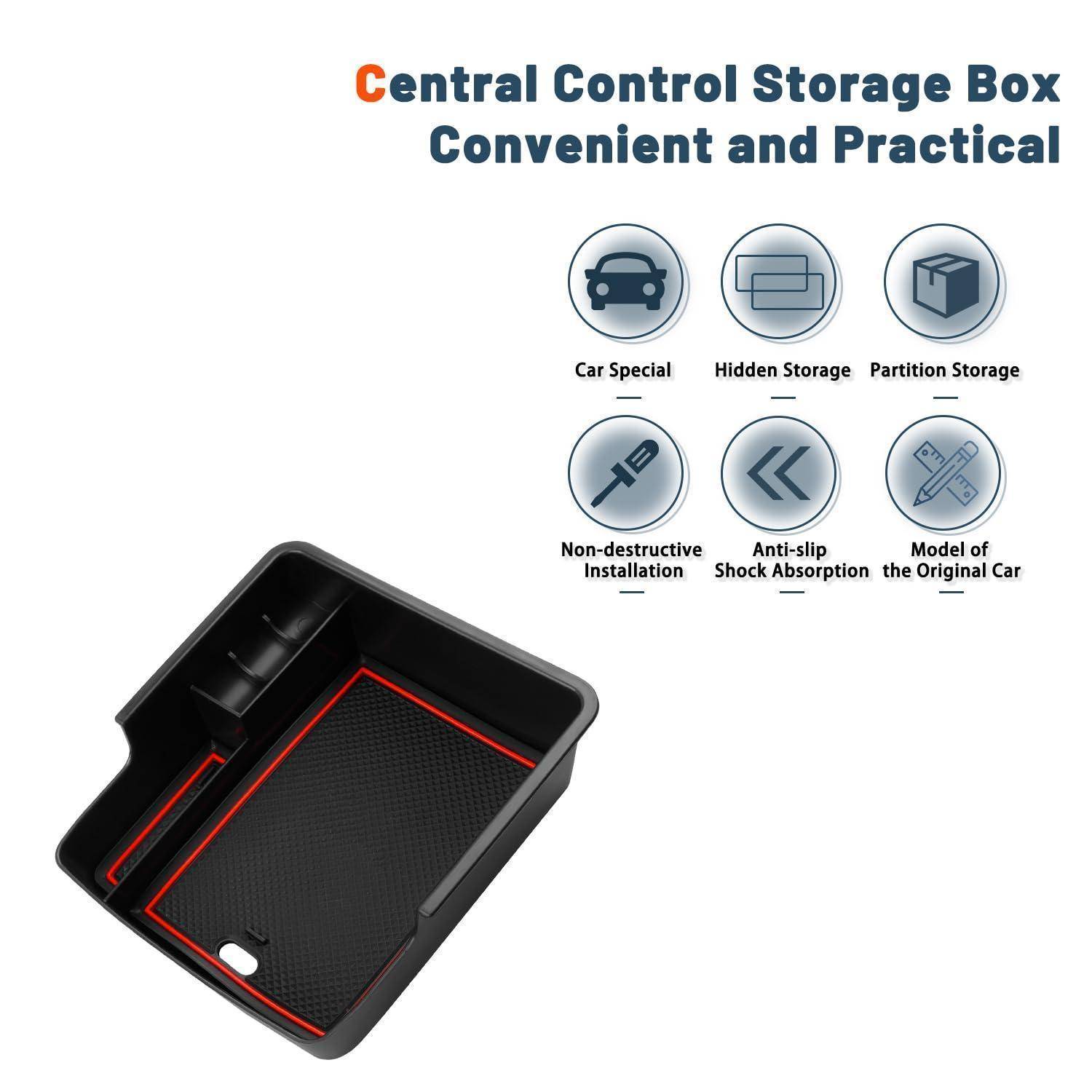 Werbegrafik für eine zentrale Steuerungsbox mit schwarzem Auto-Konsolenorganizer und Symbolen für Autospecial, versteckter Lagerung, Trennlagerfunktion, zerstörungsfreie Installation, rutschfester Stoßdämpfung und Original-Autoanpassung.